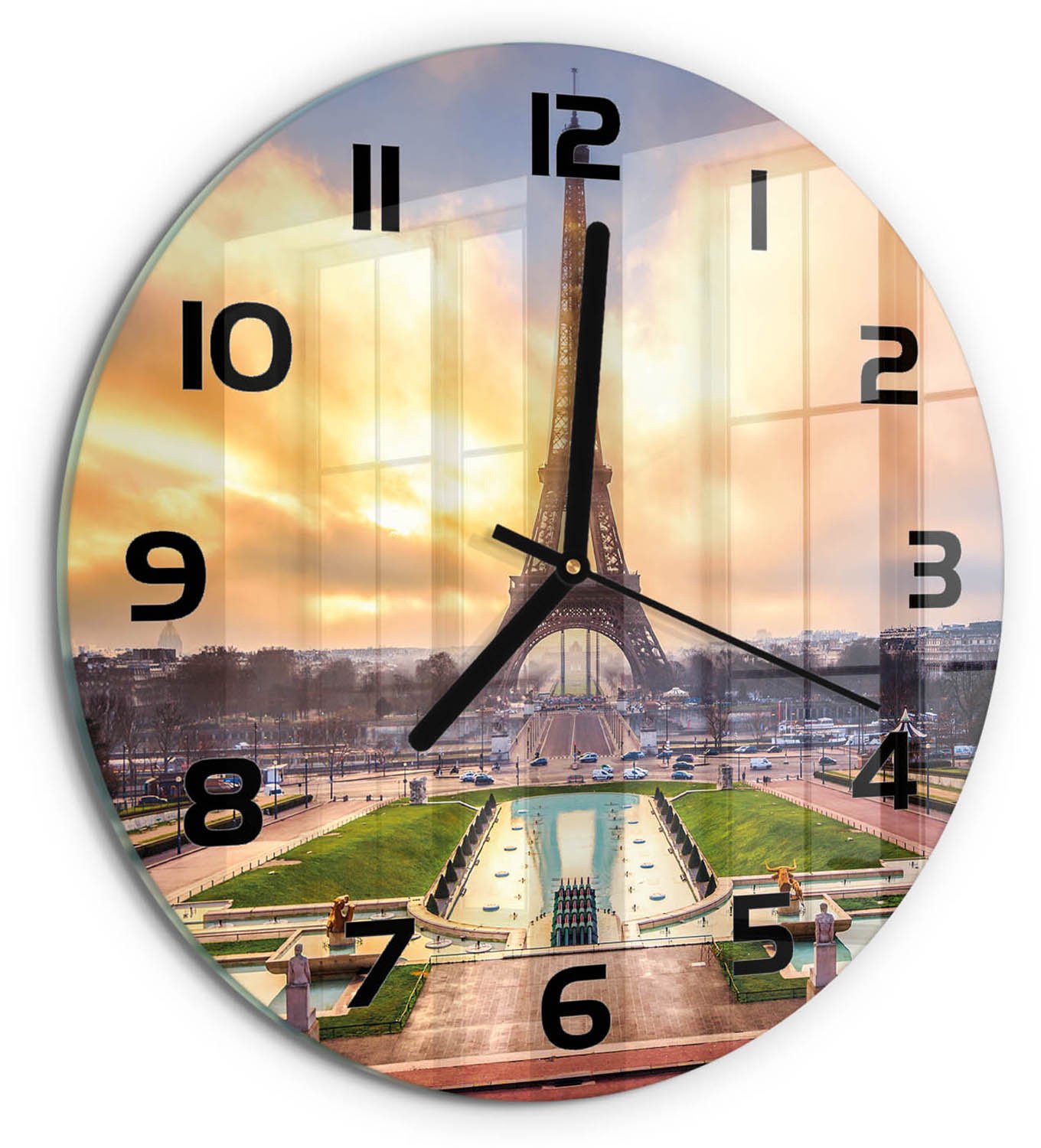 TULUP Wandklok - Eiffeltoren Parijs Glazen Wandklok Design - fi30 cm - Geel Klok Glas Met Opdruk - Zwarte handen - Ronde Klok - Wandklok Glas Met Motief - Decoratieve Glazen Klok