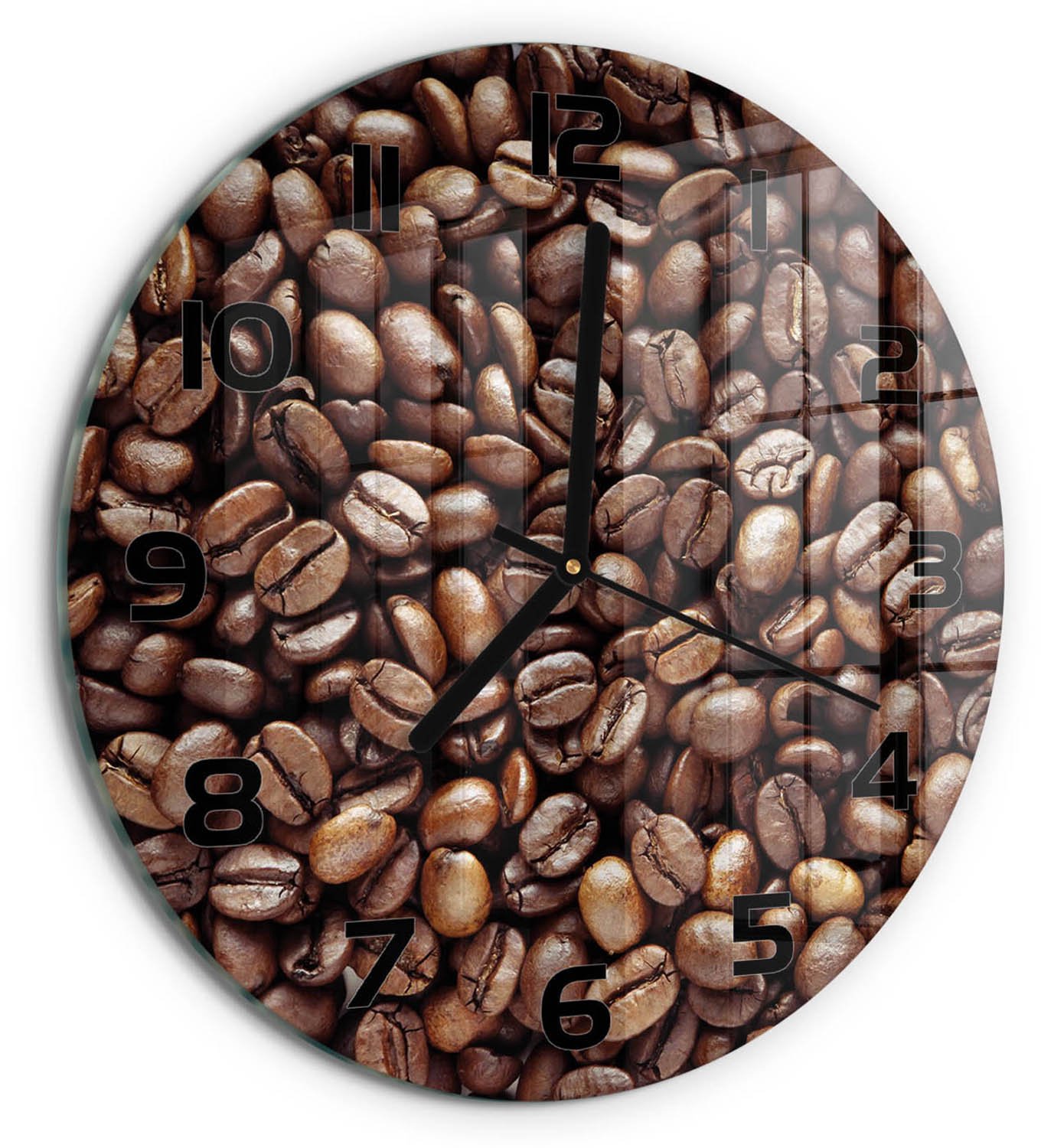 TULUP Wandklok - Koffiebonen Decoratieve Glazen Klok - fi30 cm - Bruin Glazen Wandklok Design - Zwarte handen - Ronde Klok - Glazen Klok Met Print - Wandklok Glas Met Motief