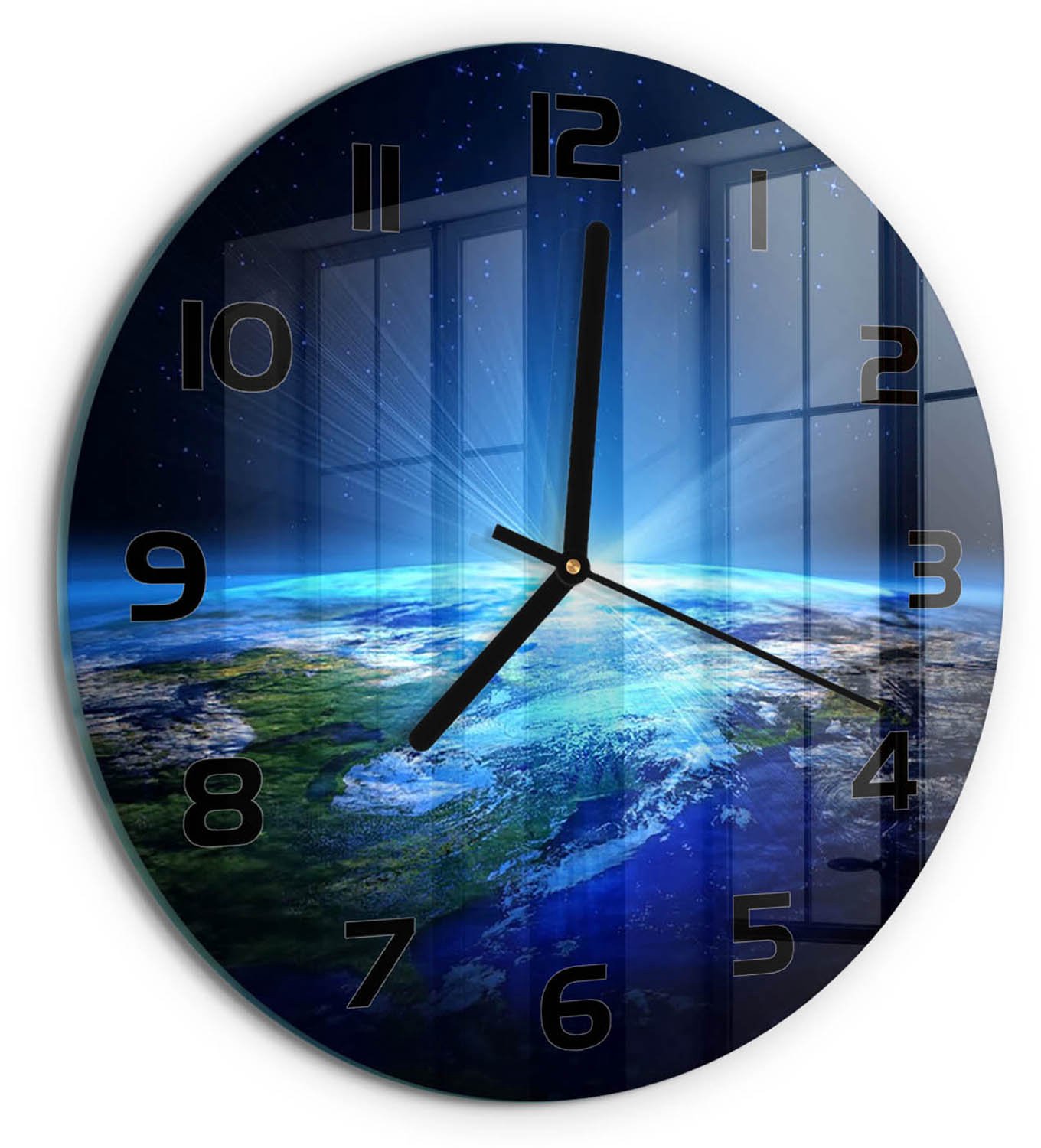 TULUP Wandklok - Planeet Aarde Glazen Klok Met Print - fi30 cm - Blauw Wandklok Glas Met Motief - Zwarte handen - Ronde Klok - Wandklok Glas Decoratie - Gekleurde Glazen Klok