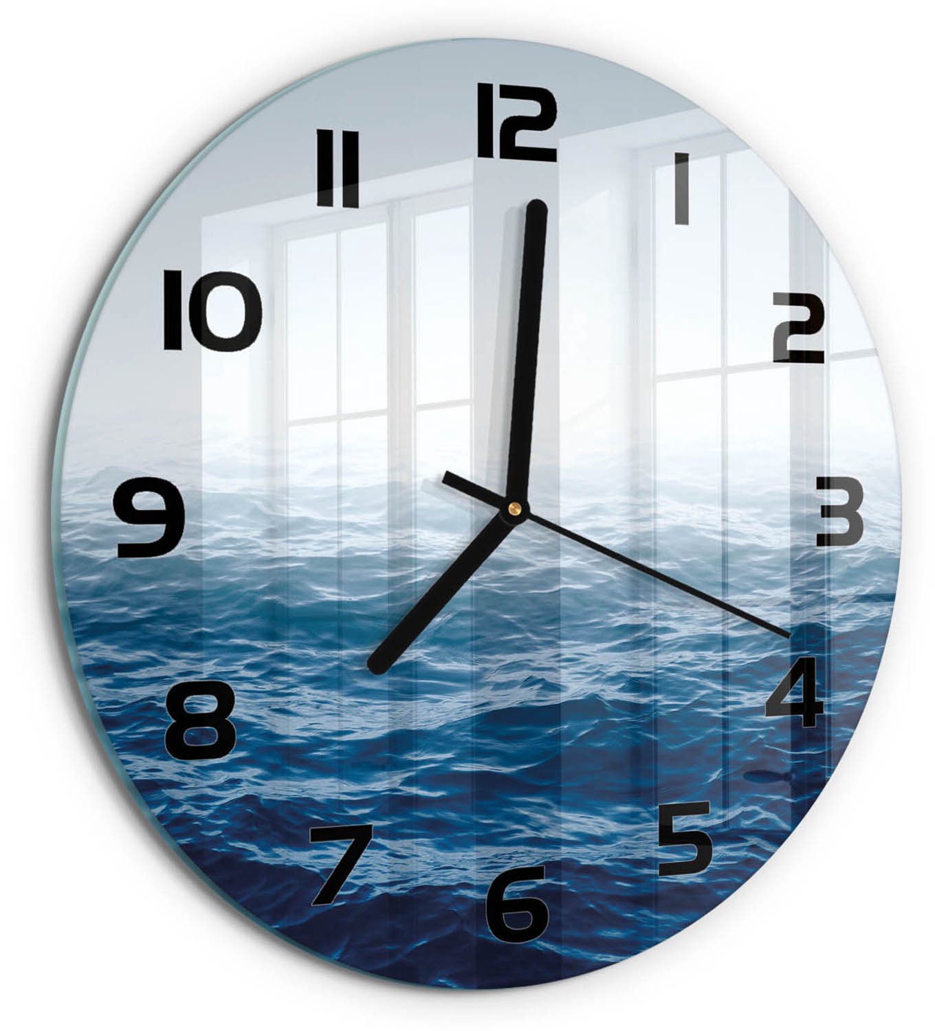 TULUP Wandklok - Oceaangolven Glazen Klok Met Print - fi30 cm - Blauw Wandklok Glas Met Motief - Zwarte handen - Ronde Klok - Wandklok Glas Decoratie - Gekleurde Glazen Klok