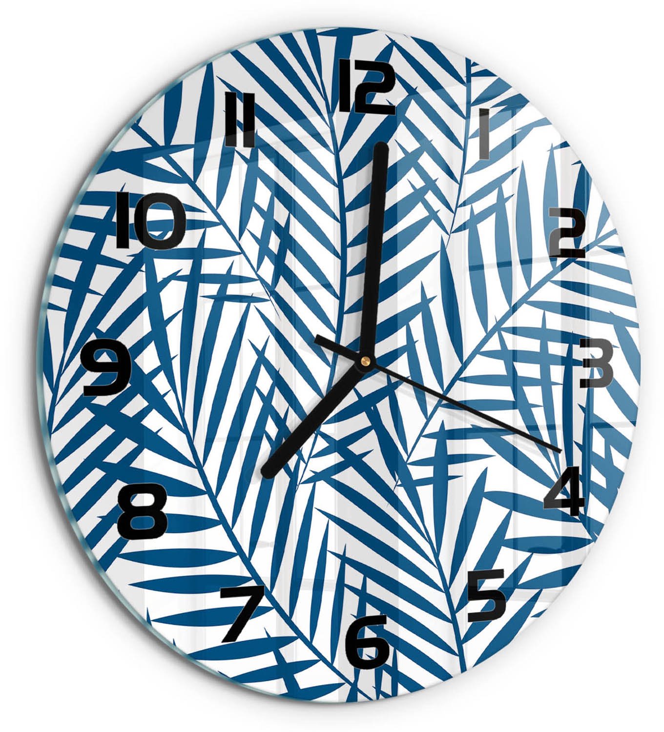 TULUP Wandklok - Palmbladeren Moderne Wandklok Glas - fi30 cm - Blauw Wandklok Glas Decoratie - Zwarte handen - Ronde Klok - Glazen Wandklok Design - Klok Glas Met Opdruk