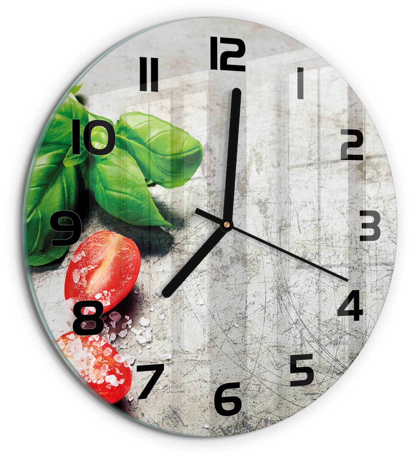 TULUP Wandklok - Tomaten en basilicum Gekleurde Glazen Klok - fi30 cm - Rood Glazen Klok Met Print - Zwarte handen - Ronde Klok - Moderne Wandklok Glas - Wandklok Glas Decoratie