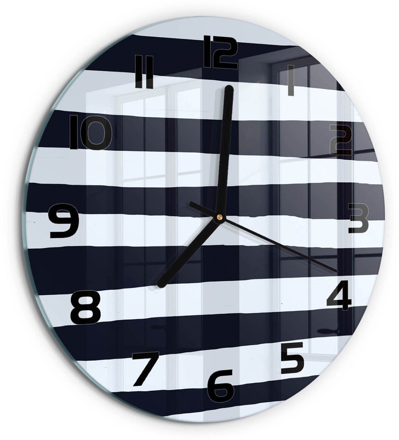 TULUP Wandklok - Gestreepte achtergrond Moderne Wandklok Glas - fi30 cm - Zwart-wit Wandklok Glas Decoratie - Zwarte handen - Ronde Klok - Glazen Wandklok Design - Klok Glas Met Opdruk