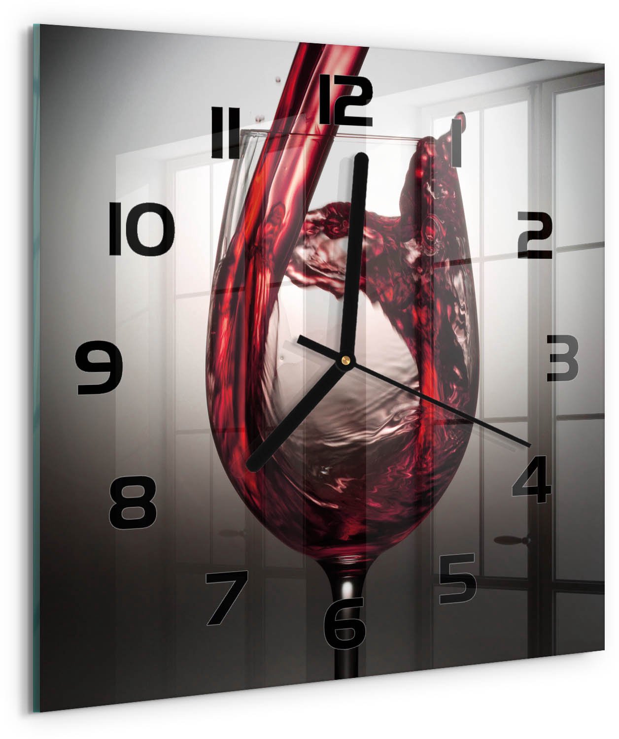Tulup Wandklok - Rode wijn Klok Glas Met Opdruk - 30x30 cm - Rood Moderne Wandklok Glas - Zwarte handen - Vierkante Klok - Decoratieve Glazen Klok - Glazen Wandklok Design