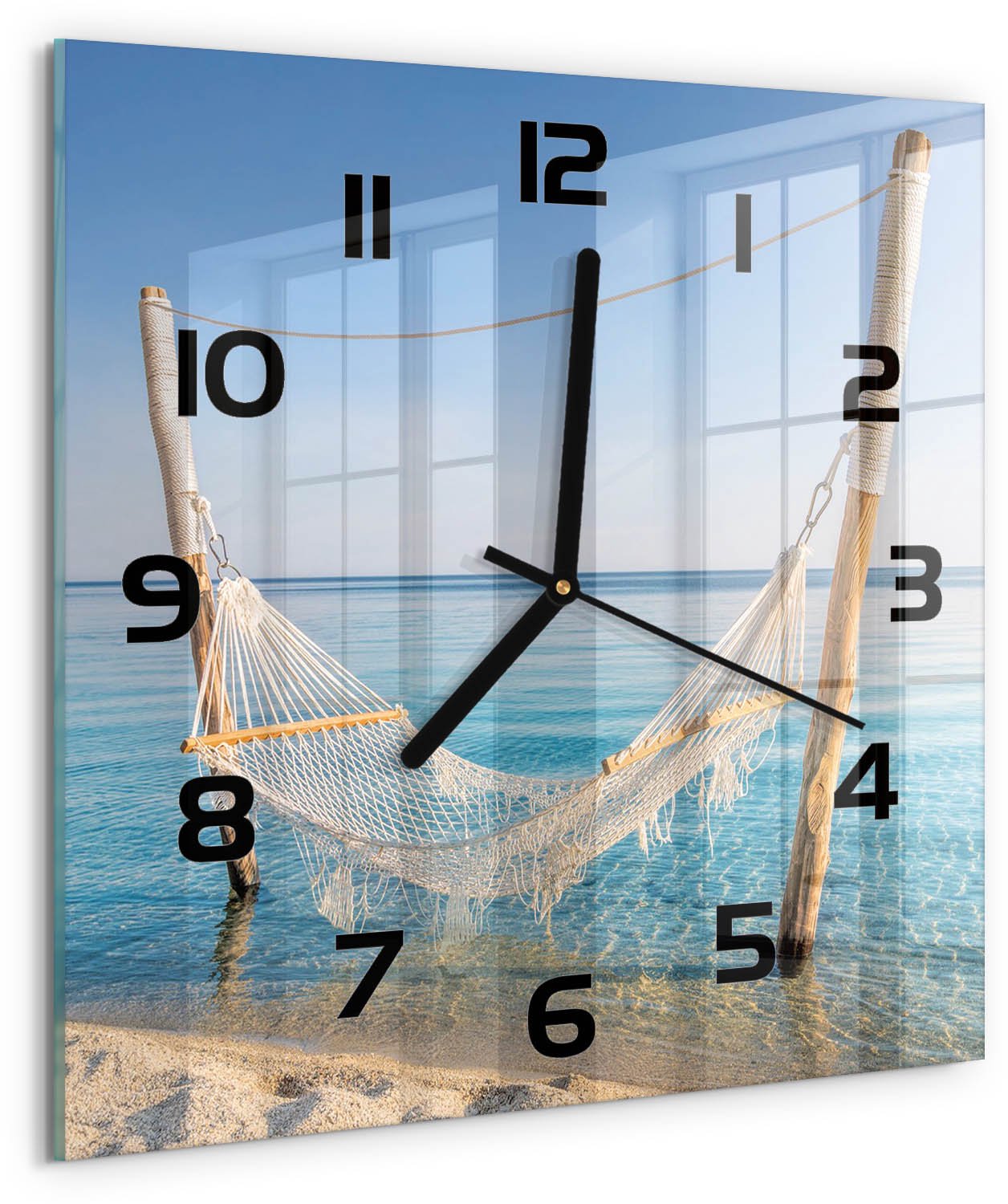 Tulup Wandklok - Hangmat aan zee Moderne Wandklok Glas - 30x30 cm - Blauw Wandklok Glas Decoratie - Zwarte handen - Vierkante Klok - Glazen Wandklok Design - Klok Glas Met Opdruk