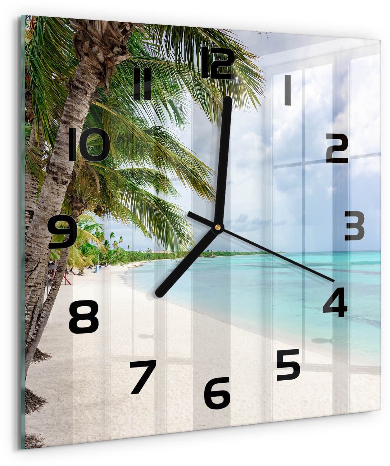 Tulup Wandklok - Tropisch strand Glazen Klok Met Print - 30x30 cm - Groente Wandklok Glas Met Motief - Zwarte handen - Vierkante Klok - Wandklok Glas Decoratie - Gekleurde Glazen Klok