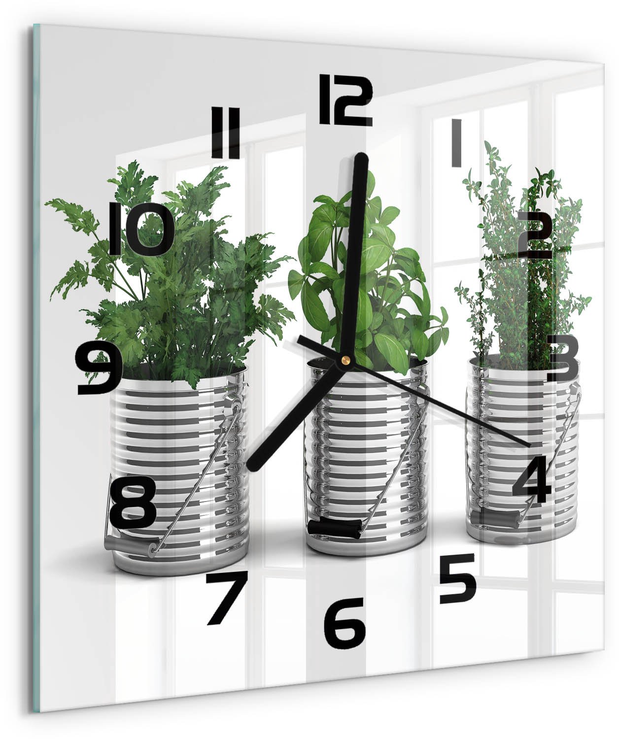 Tulup Wandklok - Aromatische planten Glazen Klok Met Print - 30x30 cm - Groente Wandklok Glas Met Motief - Zwarte handen - Vierkante Klok - Wandklok Glas Decoratie - Gekleurde Glazen Klok