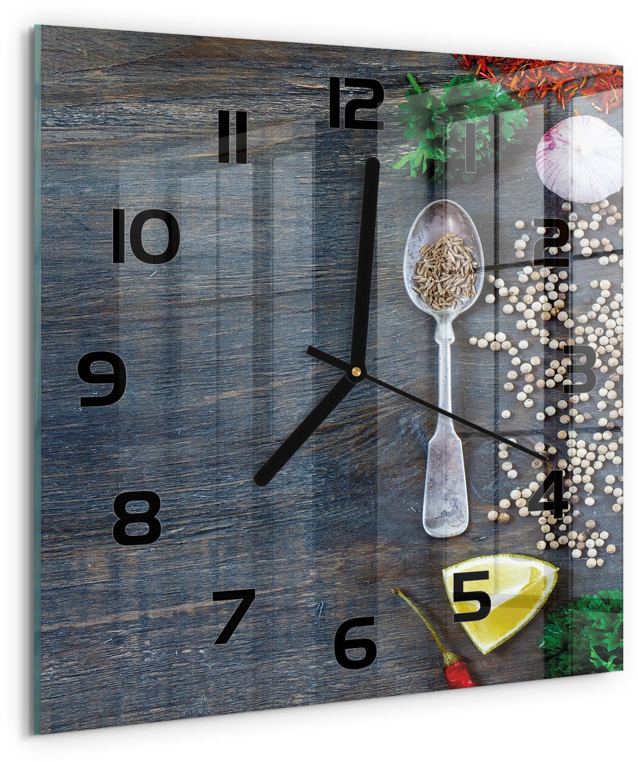 Tulup Wandklok - Specerijen en kruiden Glazen Wandklok Design - 30x30 cm - Veelkleurig Klok Glas Met Opdruk - Zwarte handen - Vierkante Klok - Wandklok Glas Met Motief - Decoratieve Glazen Klok