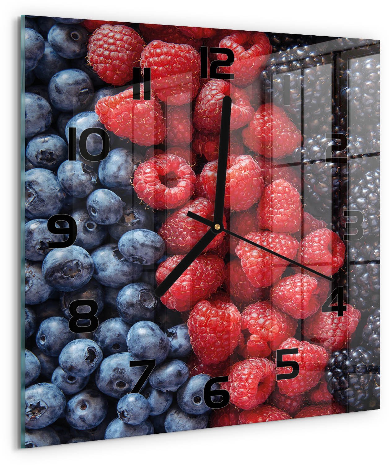 Tulup Wandklok - Bosvruchten Gekleurde Glazen Klok - 30x30 cm - Veelkleurig Glazen Klok Met Print - Zwarte handen - Vierkante Klok - Moderne Wandklok Glas - Wandklok Glas Decoratie