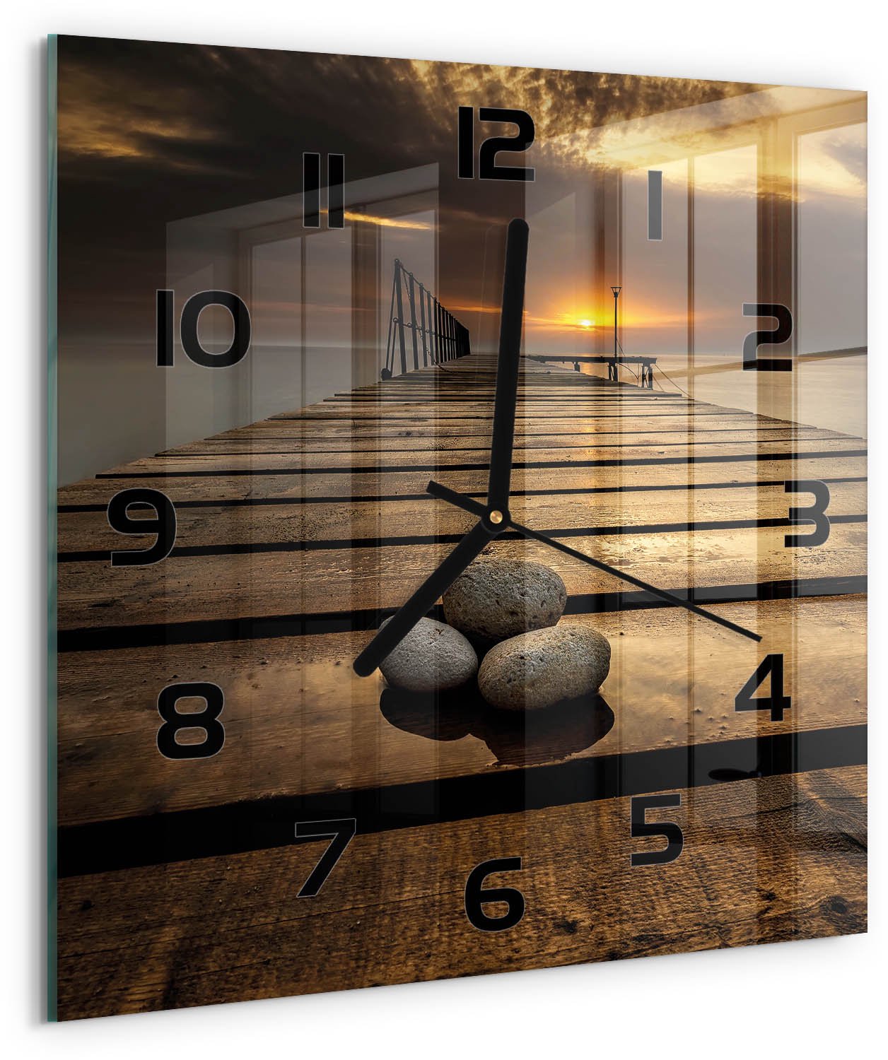 Tulup Wandklok - Houten brug Glazen Wandklok Design - 30x30 cm - Bruin Klok Glas Met Opdruk - Zwarte handen - Vierkante Klok - Wandklok Glas Met Motief - Decoratieve Glazen Klok