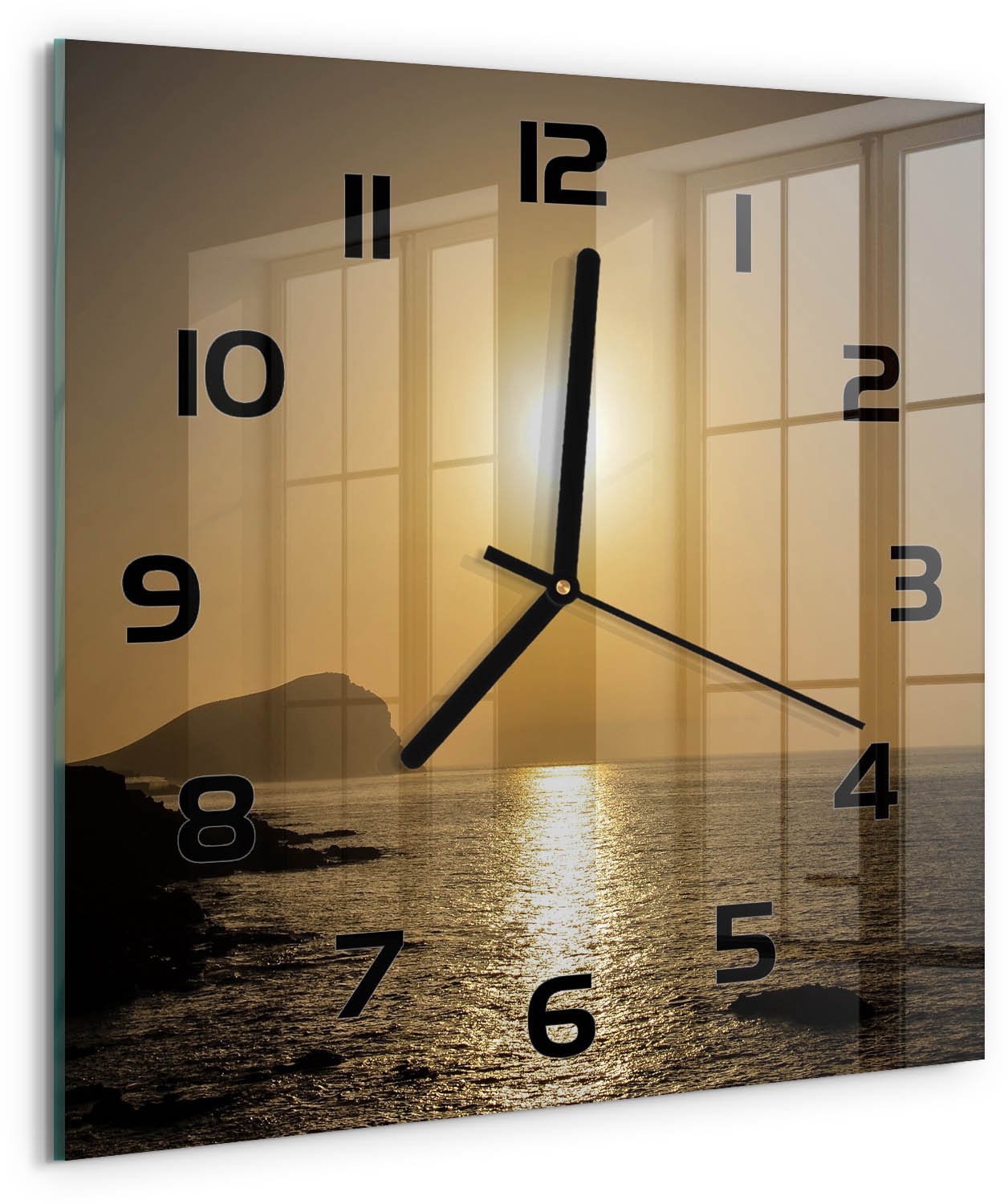 TULUP Wandklok - Zonsondergang Zee Gekleurde Glazen Klok - 30x30 cm - Geel Glazen Klok Met Print - Zwarte handen - Vierkante Klok - Moderne Wandklok Glas - Wandklok Glas Decoratie