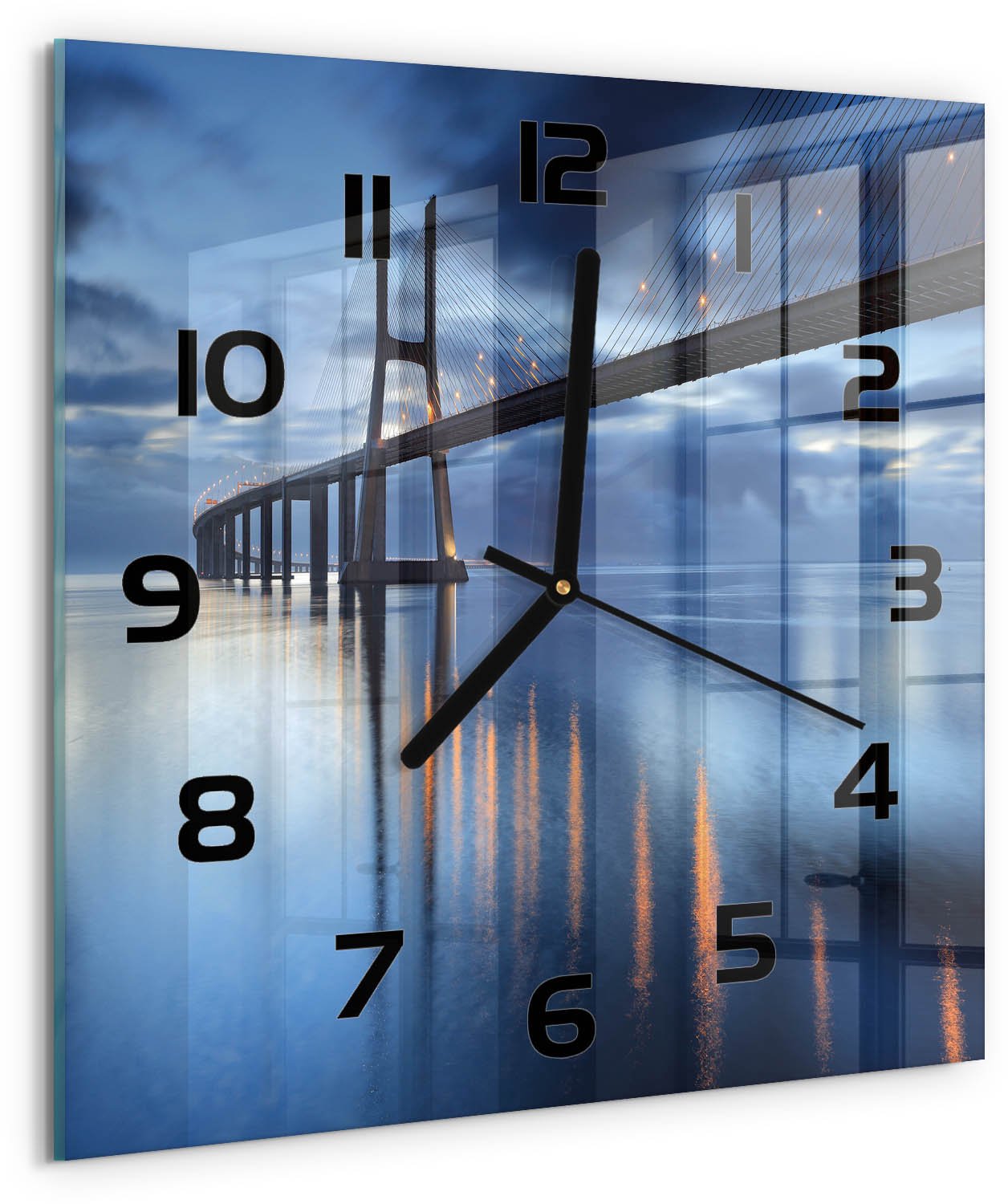 TULUP Wandklok - Verlichte Brug Klok Glas Met Opdruk - 30x30 cm - Blauw Moderne Wandklok Glas - Zwarte handen - Vierkante Klok - Decoratieve Glazen Klok - Glazen Wandklok Design