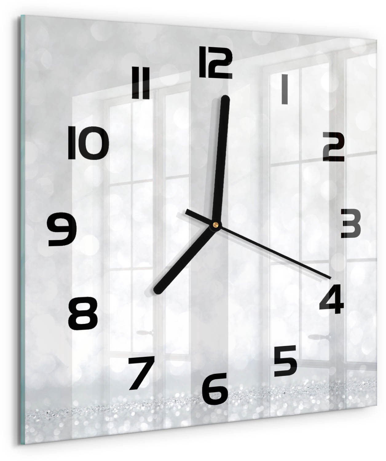 TULUP Wandklok - Kleine dingen Klok Glas Met Opdruk - 30x30 cm - Zilver Moderne Wandklok Glas - Zwarte handen - Vierkante Klok - Decoratieve Glazen Klok - Glazen Wandklok Design