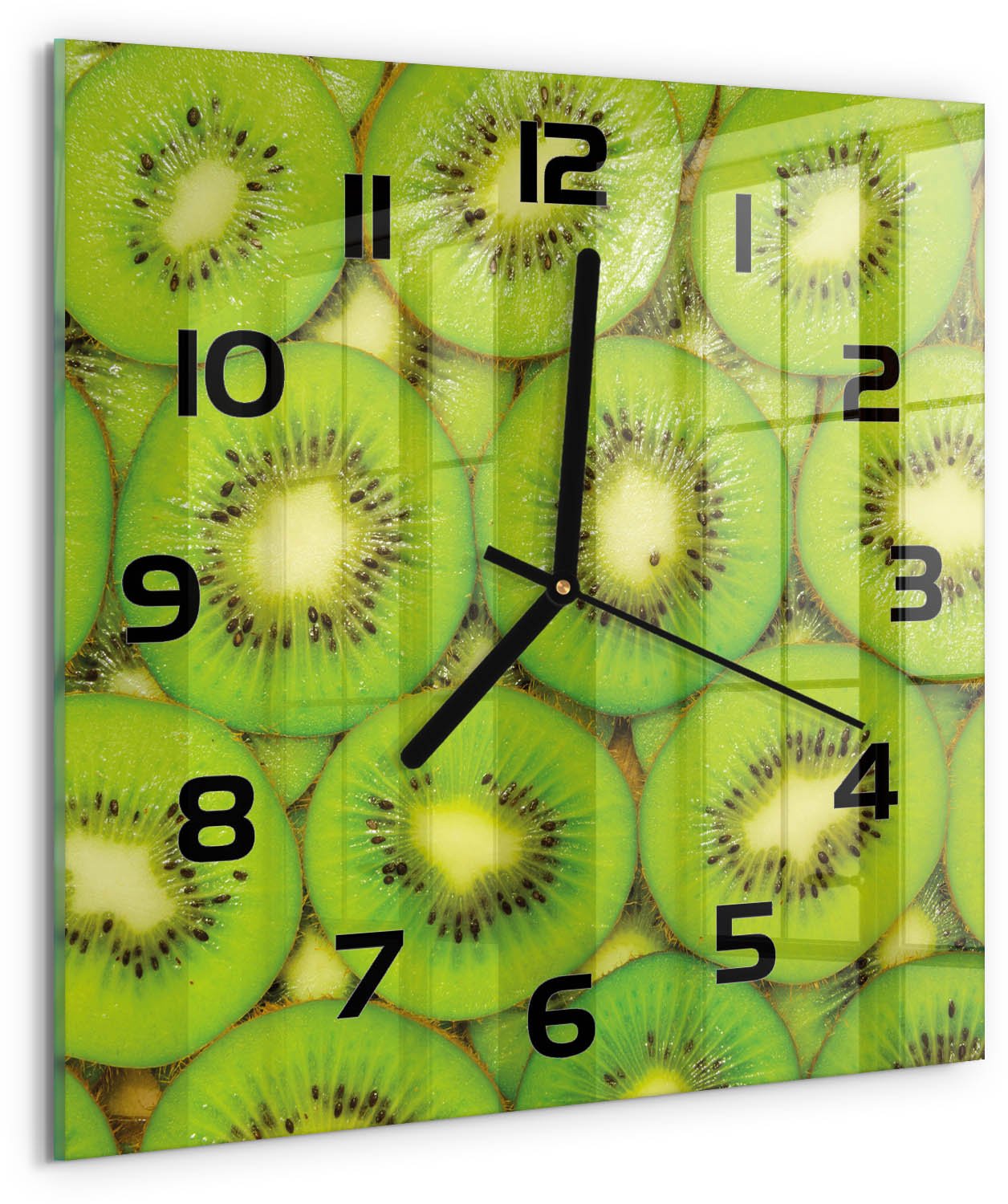 Tulup Wandklok - Kiwi Moderne Wandklok Glas - 30x30 cm - Groente Wandklok Glas Decoratie - Zwarte handen - Vierkante Klok - Glazen Wandklok Design - Klok Glas Met Opdruk