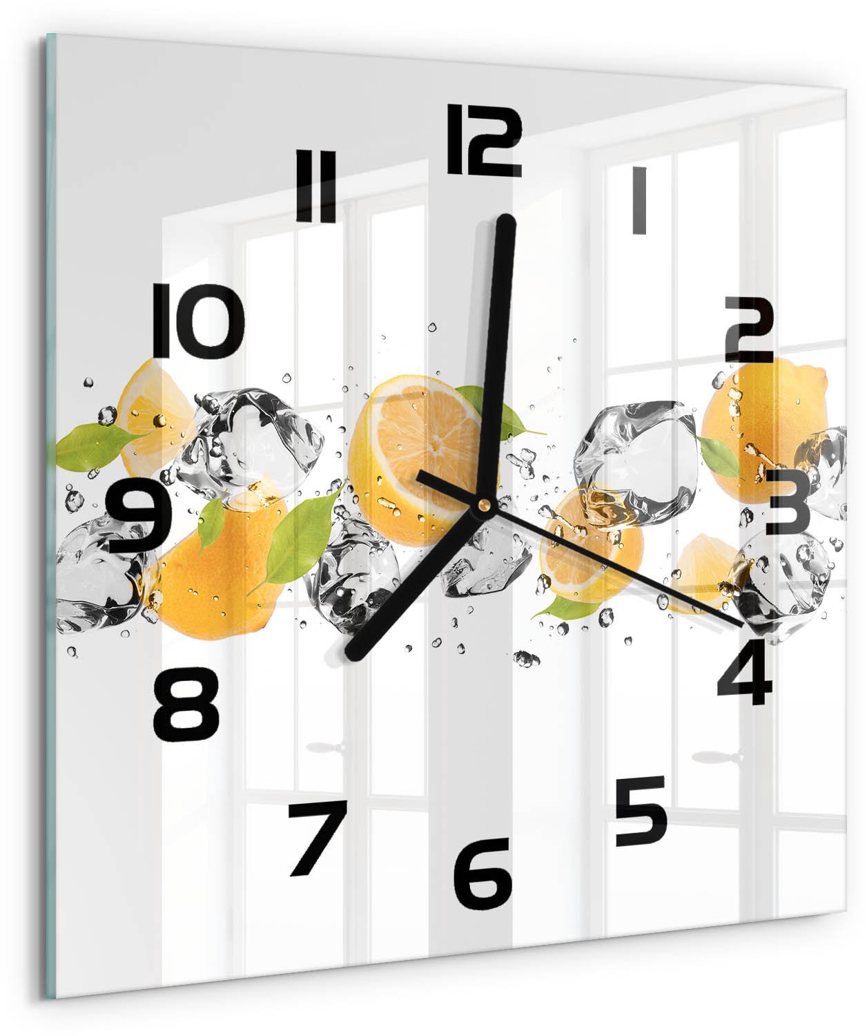TULUP Wandklok - Citroen en water Glazen Wandklok Design - 30x30 cm - Geel Klok Glas Met Opdruk - Zwarte handen - Vierkante Klok - Wandklok Glas Met Motief - Decoratieve Glazen Klok
