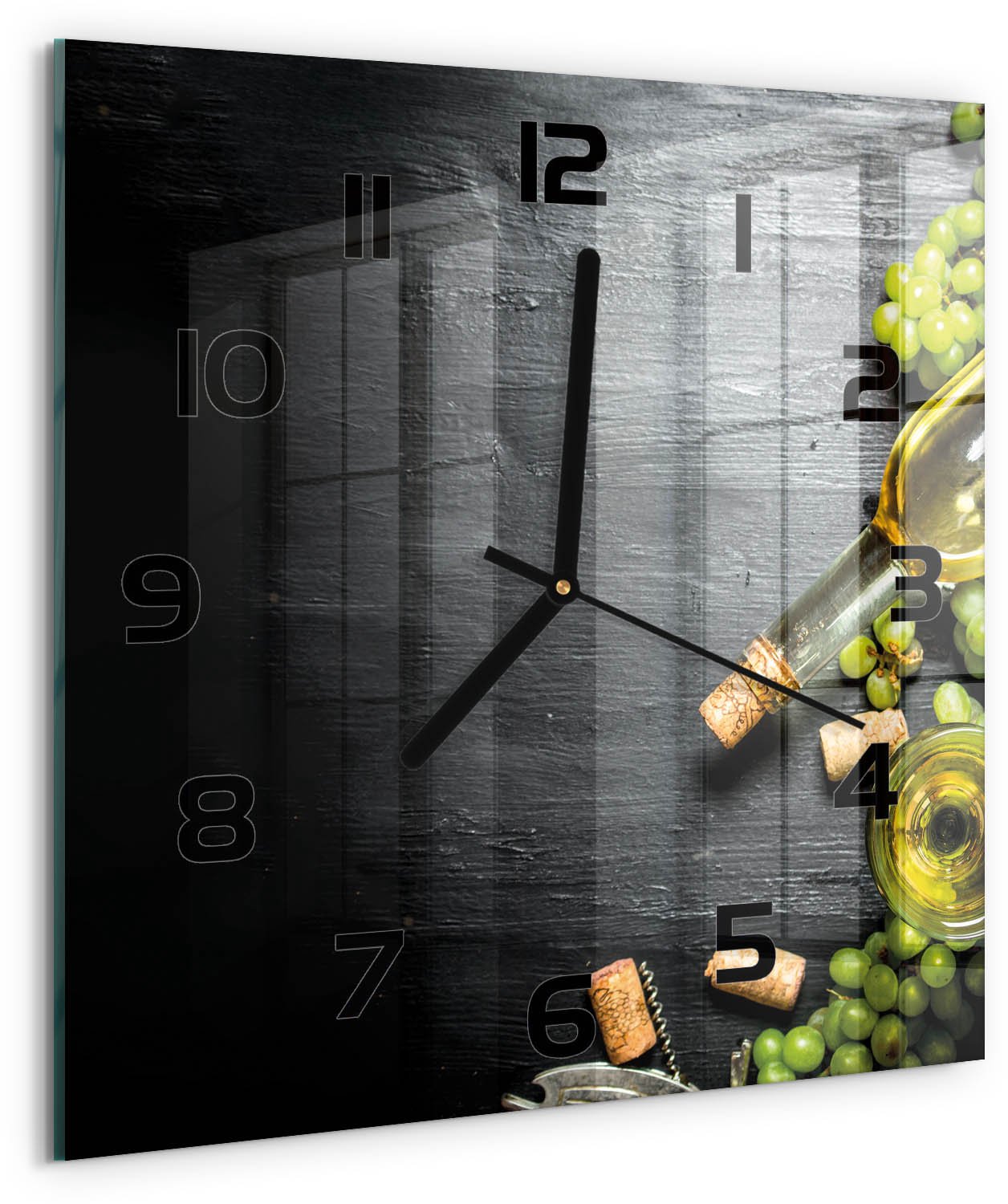 TULUP Wandklok - Witte wijn en fruit Gekleurde Glazen Klok - 30x30 cm - Groente Glazen Klok Met Print - Zwarte handen - Vierkante Klok - Moderne Wandklok Glas - Wandklok Glas Decoratie