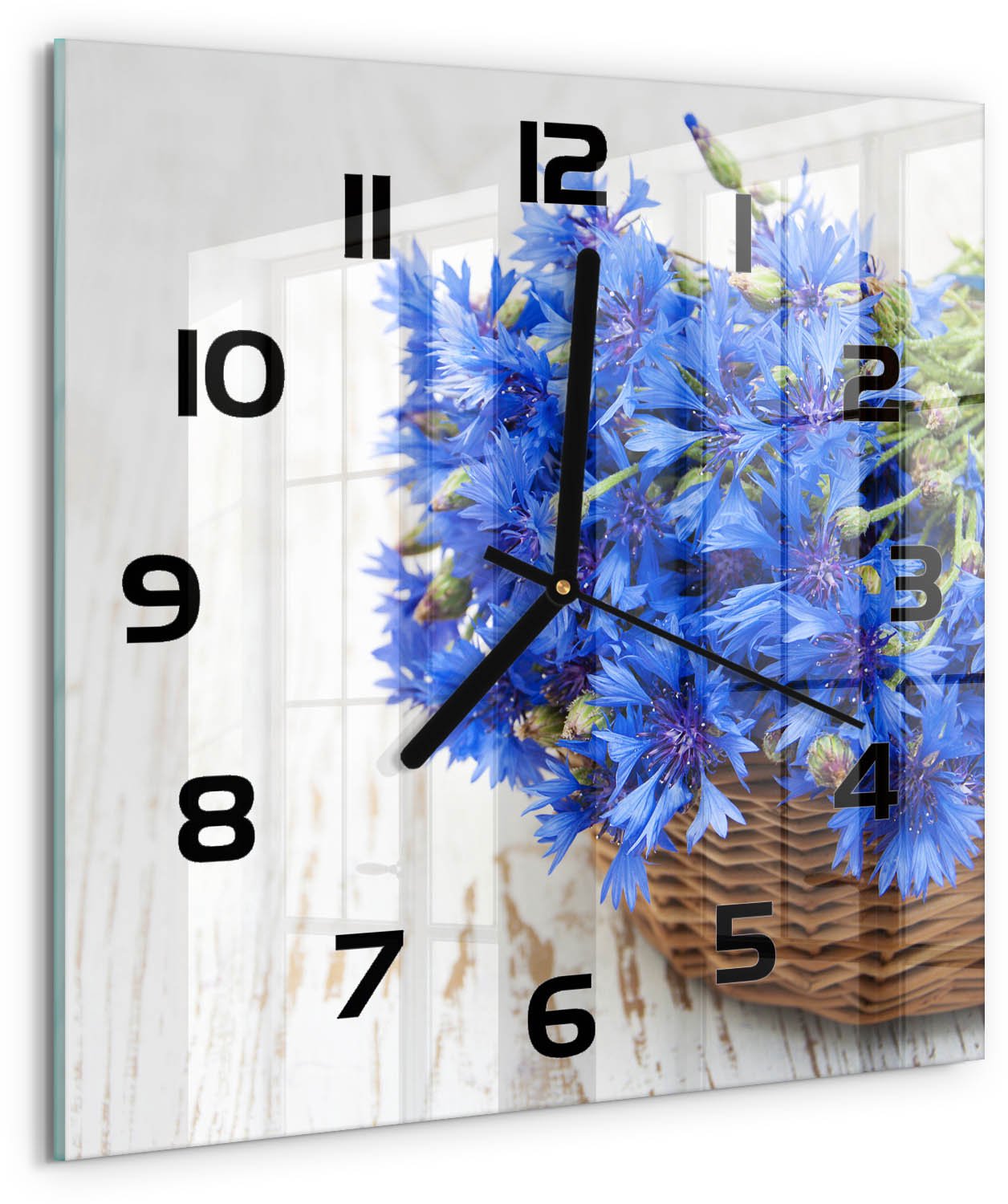 TULUP Wandklok - Korenbloemen in een mand Wandklok Glas Decoratie - 30x30 cm - Blauw Gekleurde Glazen Klok - Zwarte handen - Vierkante Klok - Klok Glas Met Opdruk - Moderne Wandklok Glas