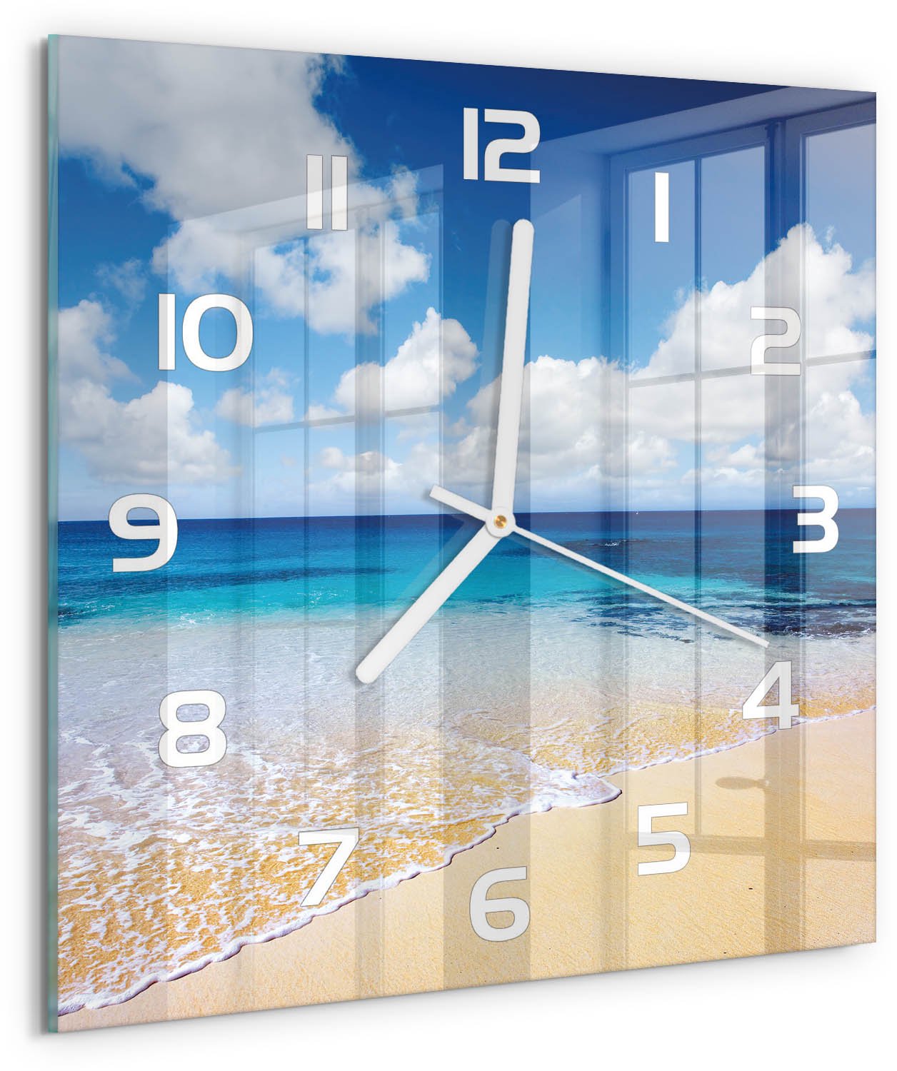 Tulup Wandklok - Kalme zee Klok Glas Met Opdruk - 30x30 cm - Blauw Moderne Wandklok Glas - Witte handen - Vierkante Klok - Decoratieve Glazen Klok - Glazen Wandklok Design