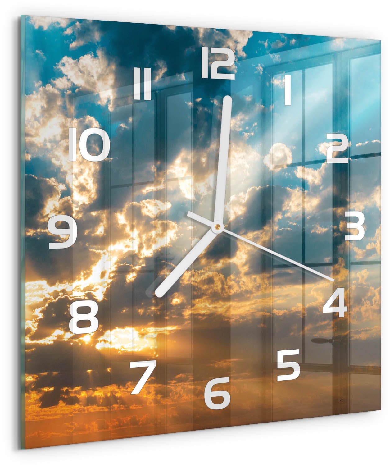 Tulup Wandklok - Hemel bij zonsondergang Wandklok Glas Decoratie - 30x30 cm - Veelkleurig Gekleurde Glazen Klok - Witte handen - Vierkante Klok - Klok Glas Met Opdruk - Moderne Wandklok Glas