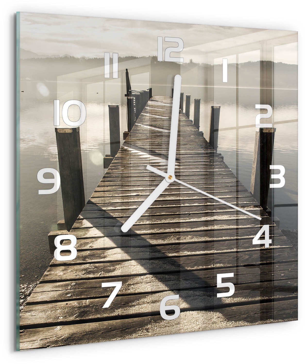 Tulup Wandklok - Houten brug Glazen Wandklok Design - 30x30 cm - Bruin Klok Glas Met Opdruk - Witte handen - Vierkante Klok - Wandklok Glas Met Motief - Decoratieve Glazen Klok