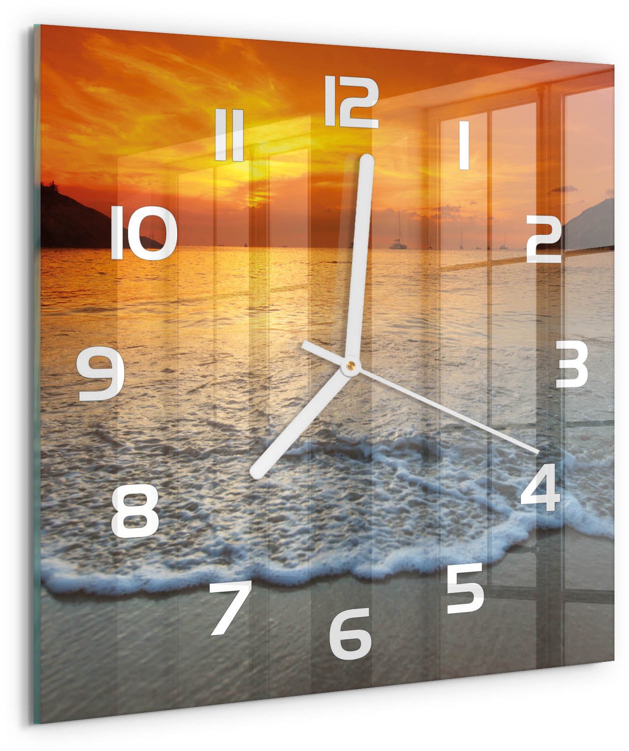 Tulup Wandklok - Zonsondergang Zee Moderne Wandklok Glas - 30x30 cm - Oranje Wandklok Glas Decoratie - Witte handen - Vierkante Klok - Glazen Wandklok Design - Klok Glas Met Opdruk