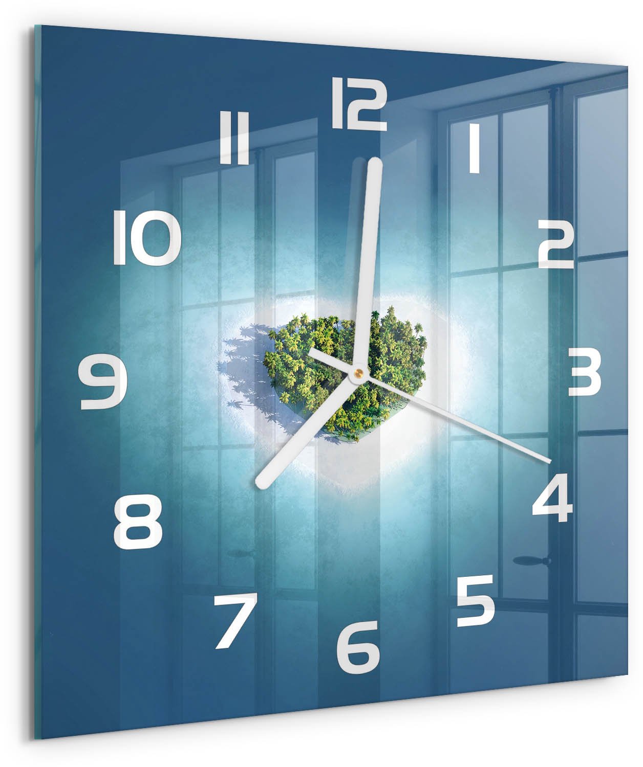 Tulup Wandklok - Hartvormig eiland Decoratieve Glazen Klok - 30x30 cm - Blauw Glazen Wandklok Design - Witte handen - Vierkante Klok - Glazen Klok Met Print - Wandklok Glas Met Motief