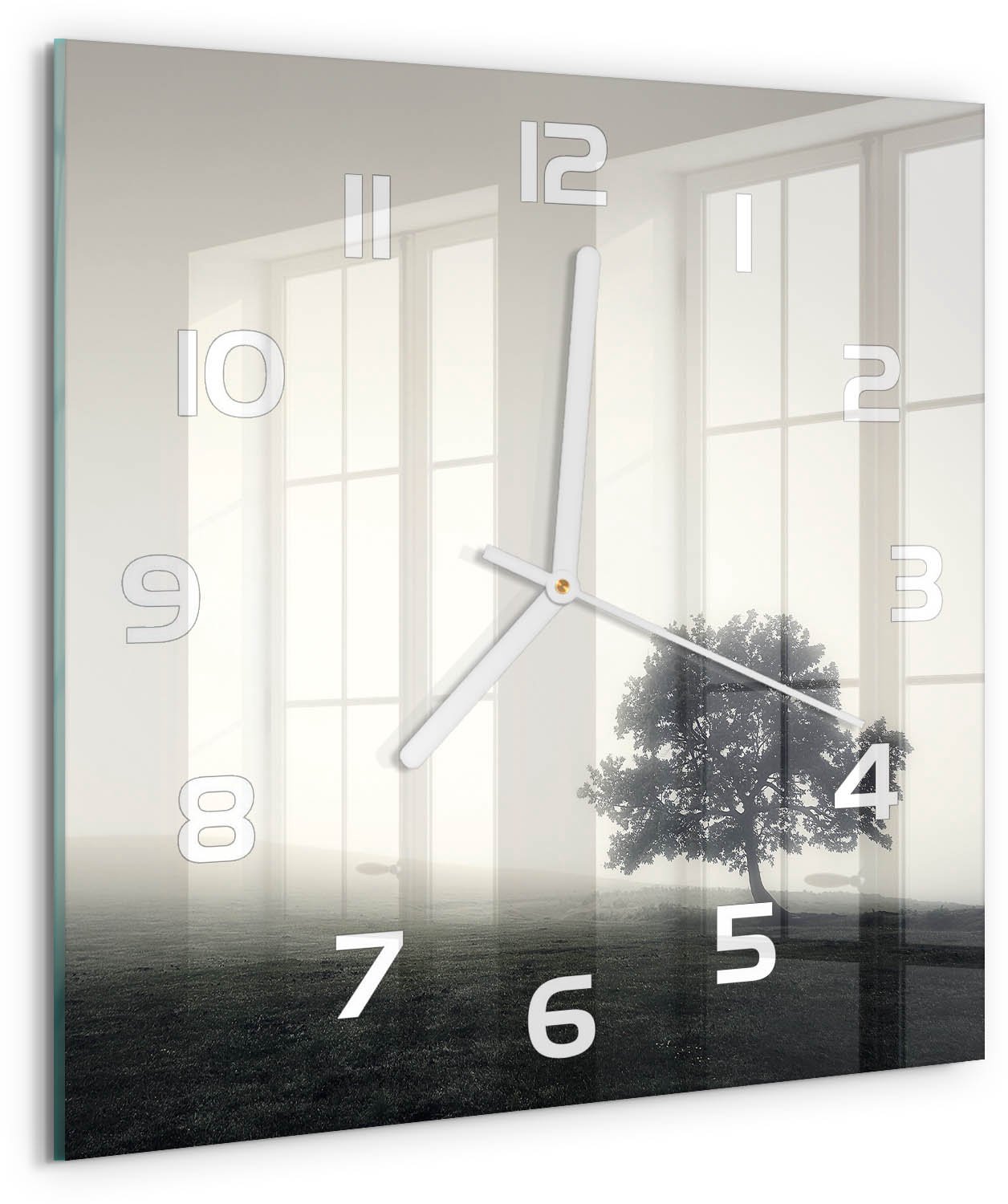 Tulup Wandklok - Eenzame boom Glazen Wandklok Design - 30x30 cm - Grijs Klok Glas Met Opdruk - Witte handen - Vierkante Klok - Wandklok Glas Met Motief - Decoratieve Glazen Klok