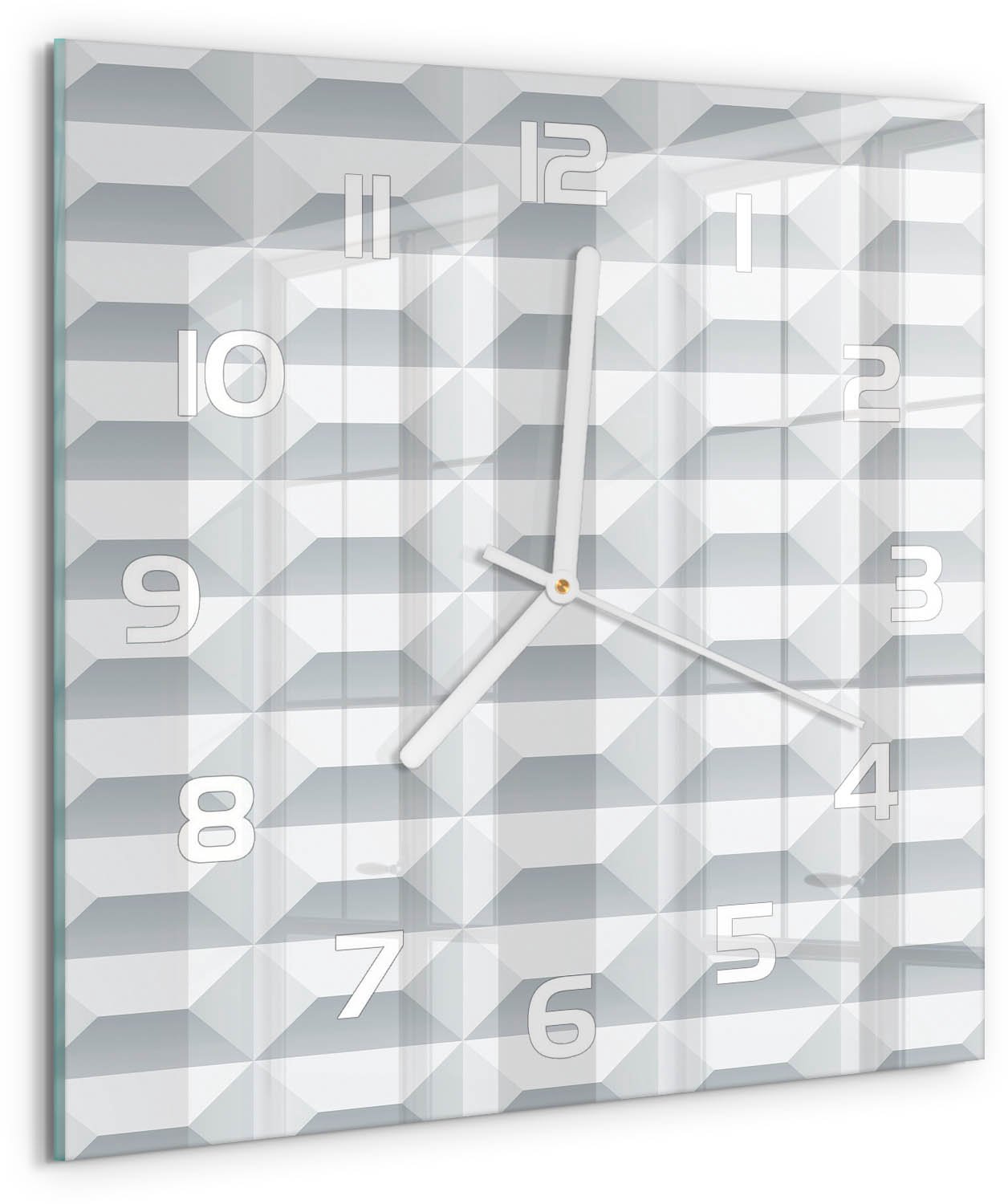 TULUP Wandklok - Geometrische achtergrond Decoratieve Glazen Klok - 30x30 cm - Wit Glazen Wandklok Design - Witte handen - Vierkante Klok - Glazen Klok Met Print - Wandklok Glas Met Motief