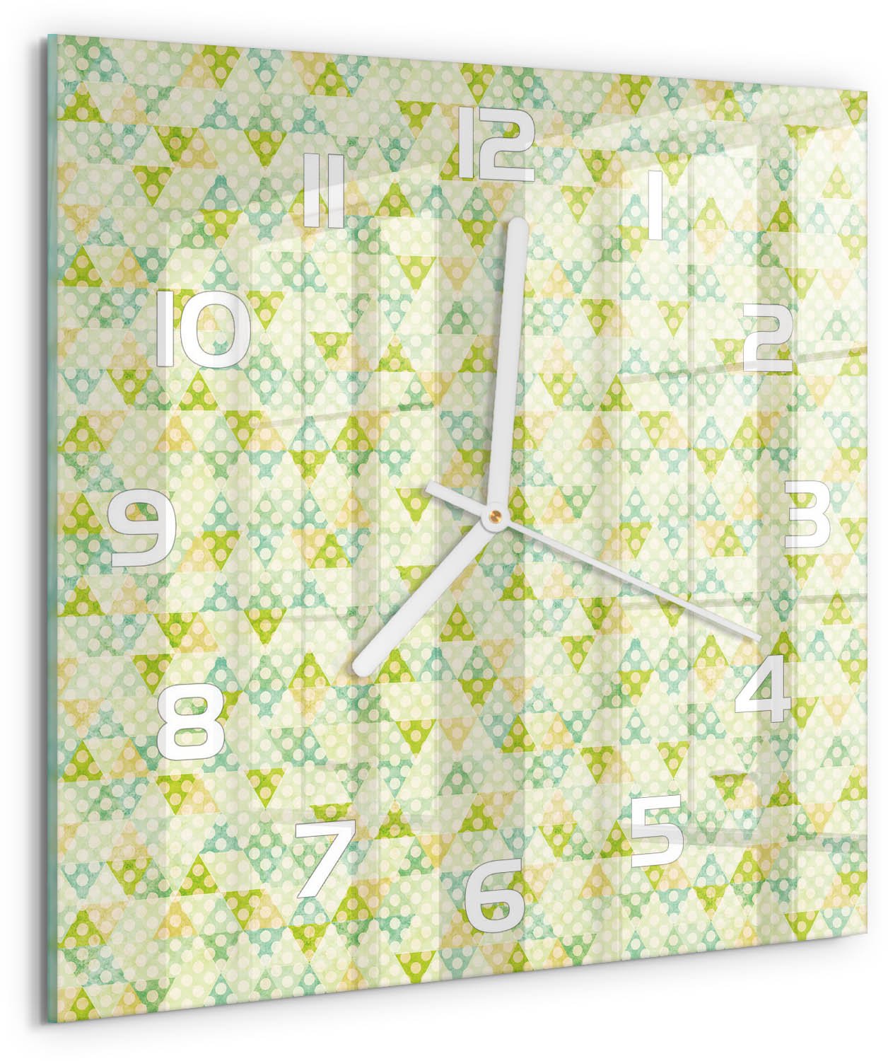 TULUP Wandklok - Geometrische achtergrond Wandklok Glas Decoratie - 30x30 cm - Groente Gekleurde Glazen Klok - Witte handen - Vierkante Klok - Klok Glas Met Opdruk - Moderne Wandklok Glas
