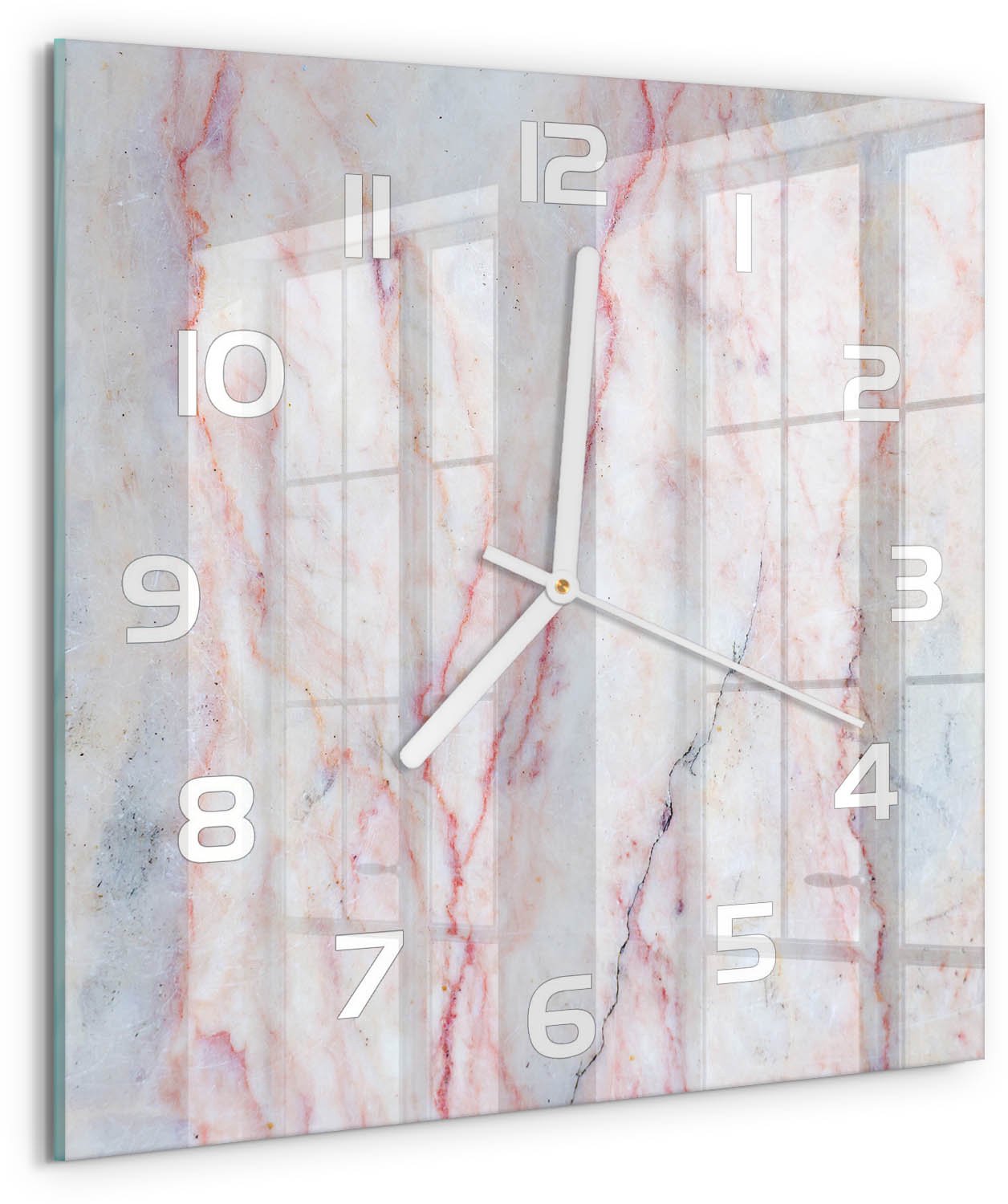 Tulup Wandklok - Marmer Wandklok Glas Decoratie - 30x30 cm - Beige Gekleurde Glazen Klok - Witte handen - Vierkante Klok - Klok Glas Met Opdruk - Moderne Wandklok Glas