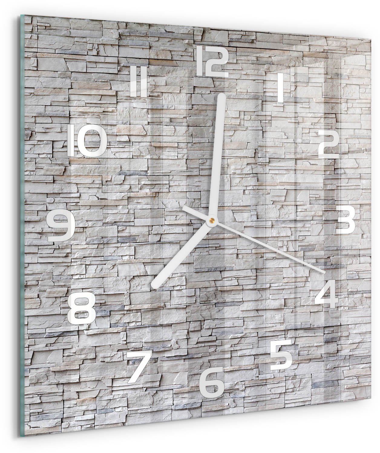 TULUP Wandklok - Stenen muur Klok Glas Met Opdruk - 30x30 cm - Beige Moderne Wandklok Glas - Witte handen - Vierkante Klok - Decoratieve Glazen Klok - Glazen Wandklok Design
