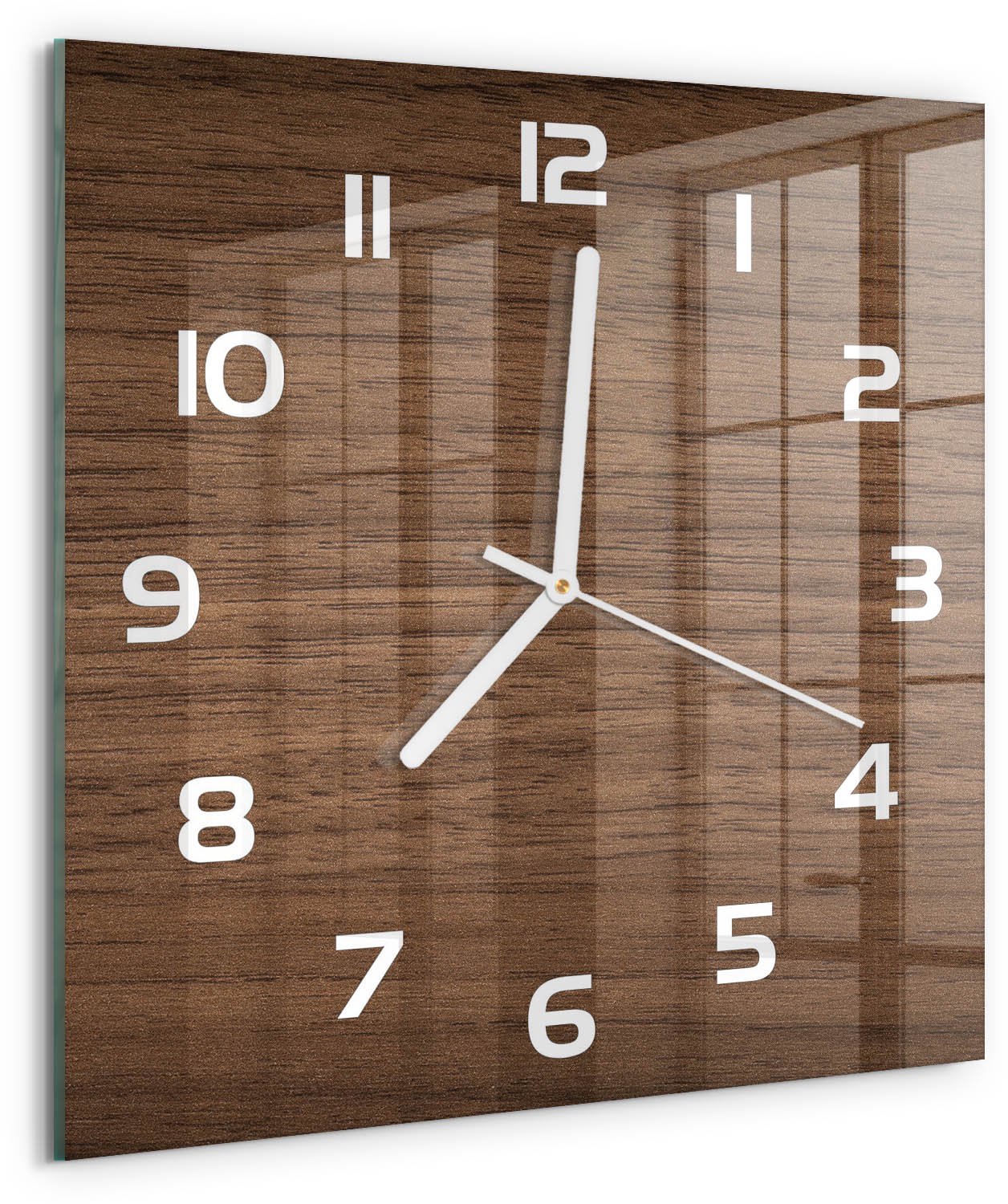 TULUP Wandklok - Houten achtergrond Glazen Wandklok Design - 30x30 cm - Bruin Klok Glas Met Opdruk - Witte handen - Vierkante Klok - Wandklok Glas Met Motief - Decoratieve Glazen Klok