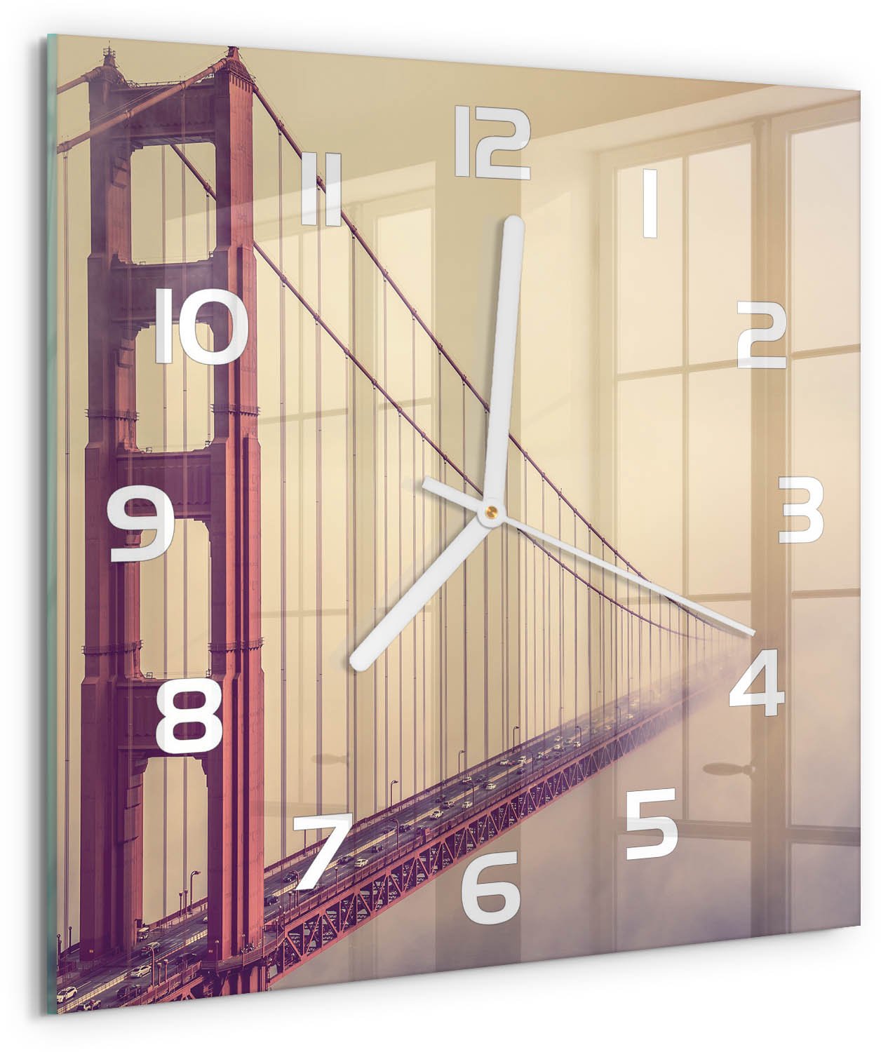 TULUP Wandklok - San Francisco-brug Glazen Klok Met Print - 30x30 cm - Rood Wandklok Glas Met Motief - Witte handen - Vierkante Klok - Wandklok Glas Decoratie - Gekleurde Glazen Klok
