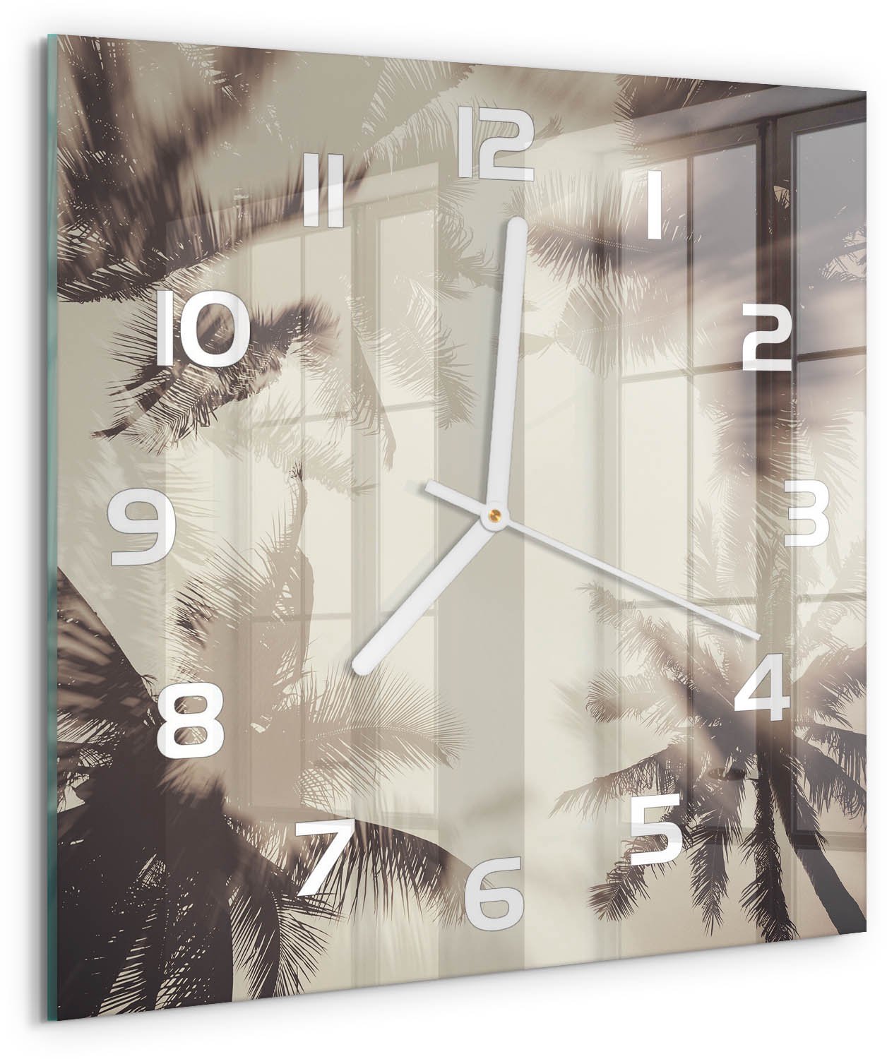 Tulup Wandklok - Palmbomen Gekleurde Glazen Klok - 30x30 cm - Beige Glazen Klok Met Print - Witte handen - Vierkante Klok - Moderne Wandklok Glas - Wandklok Glas Decoratie