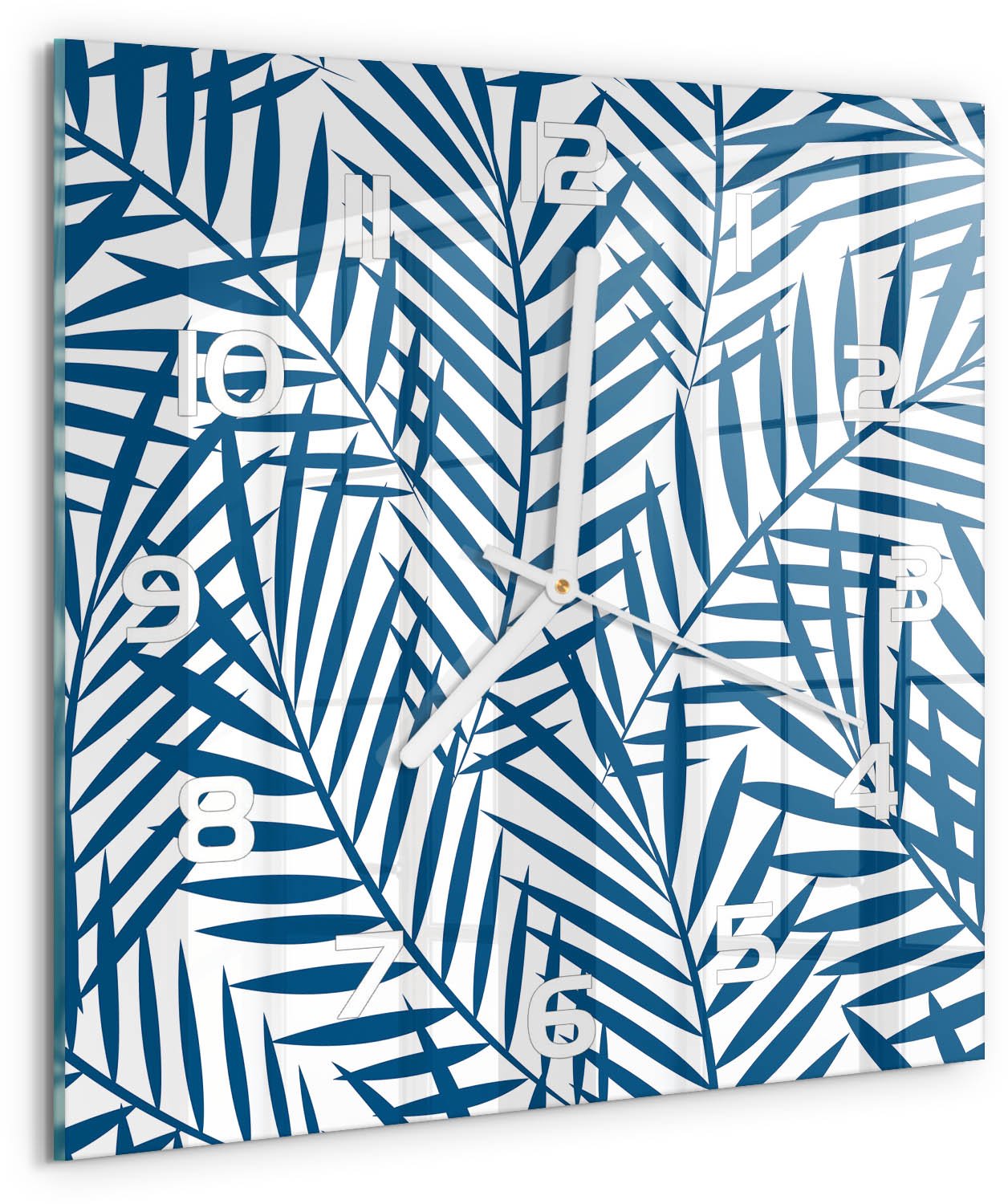 Tulup Wandklok - Palmbladeren Wandklok Glas Decoratie - 30x30 cm - Blauw Gekleurde Glazen Klok - Witte handen - Vierkante Klok - Klok Glas Met Opdruk - Moderne Wandklok Glas