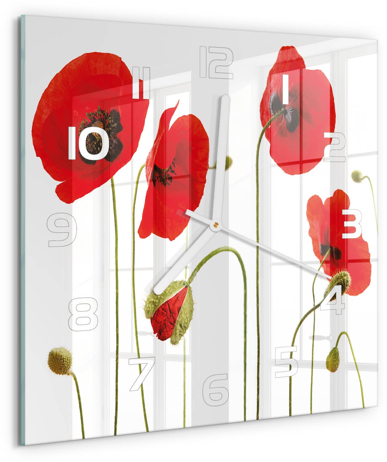 Tulup Wandklok - Klaprozen Wandklok Glas Decoratie - 30x30 cm - Rood Gekleurde Glazen Klok - Witte handen - Vierkante Klok - Klok Glas Met Opdruk - Moderne Wandklok Glas
