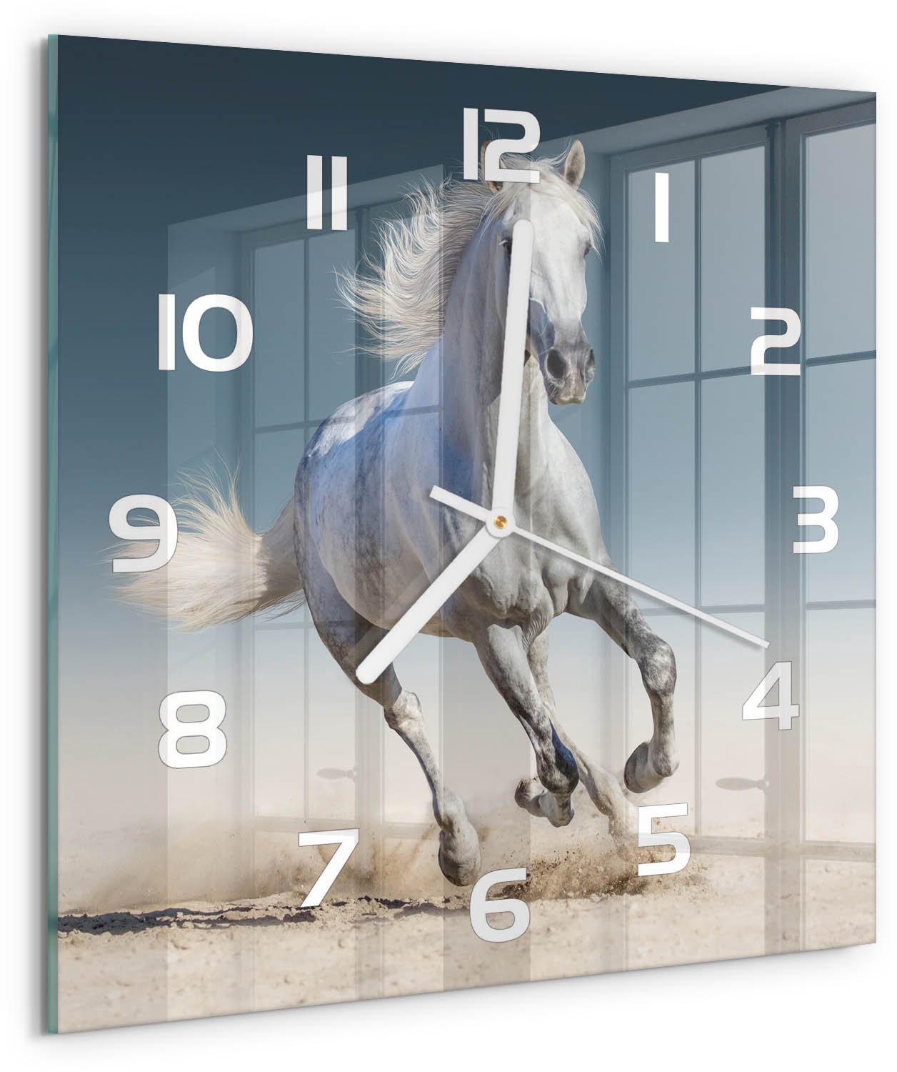 Tulup Wandklok - Galopperend grijs paard Decoratieve Glazen Klok - 30x30 cm - Wit Glazen Wandklok Design - Witte handen - Vierkante Klok - Glazen Klok Met Print - Wandklok Glas Met Motief