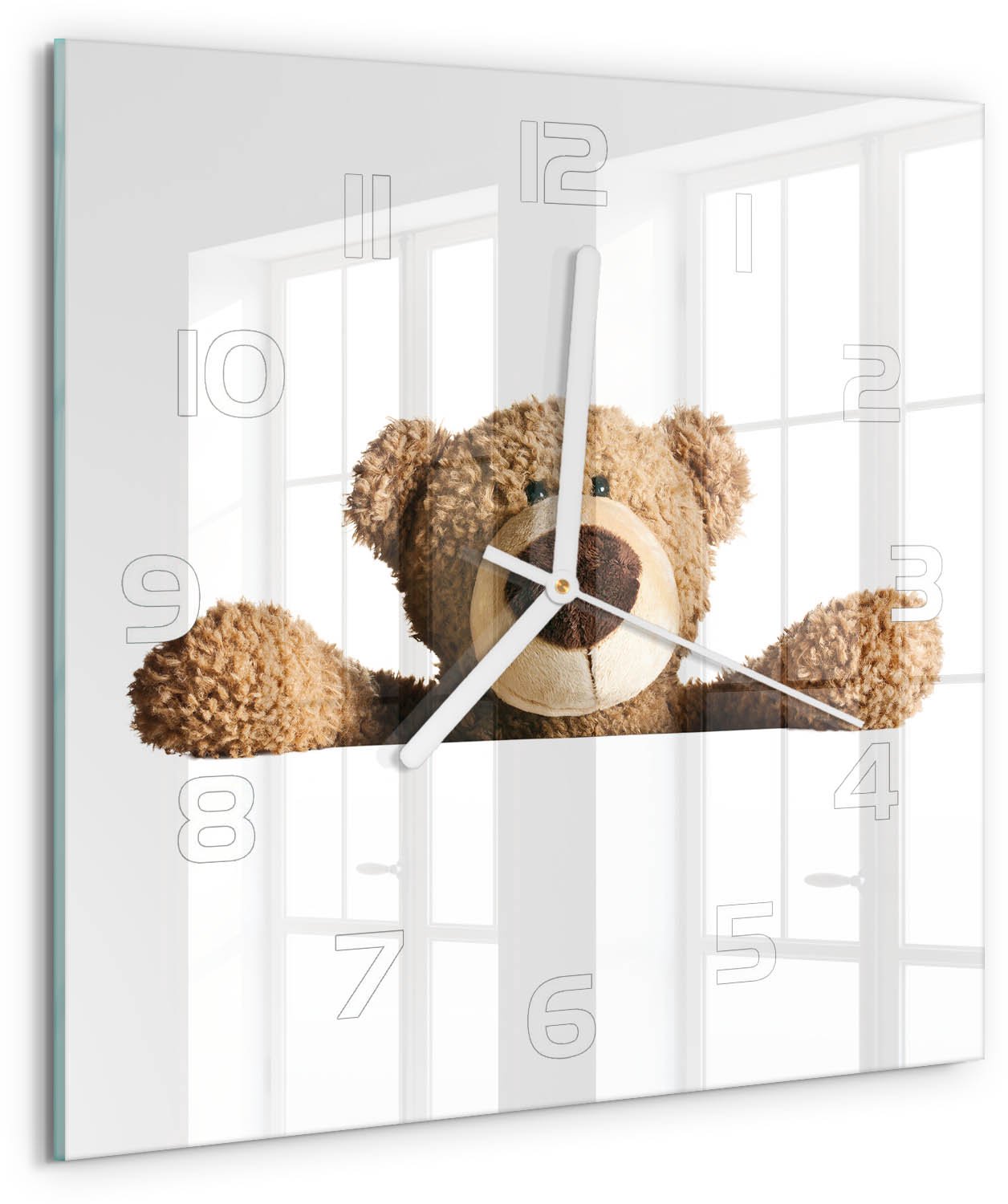 Tulup Wandklok - Beer Glazen Klok Met Print - 30x30 cm - Bruin Wandklok Glas Met Motief - Witte handen - Vierkante Klok - Wandklok Glas Decoratie - Gekleurde Glazen Klok