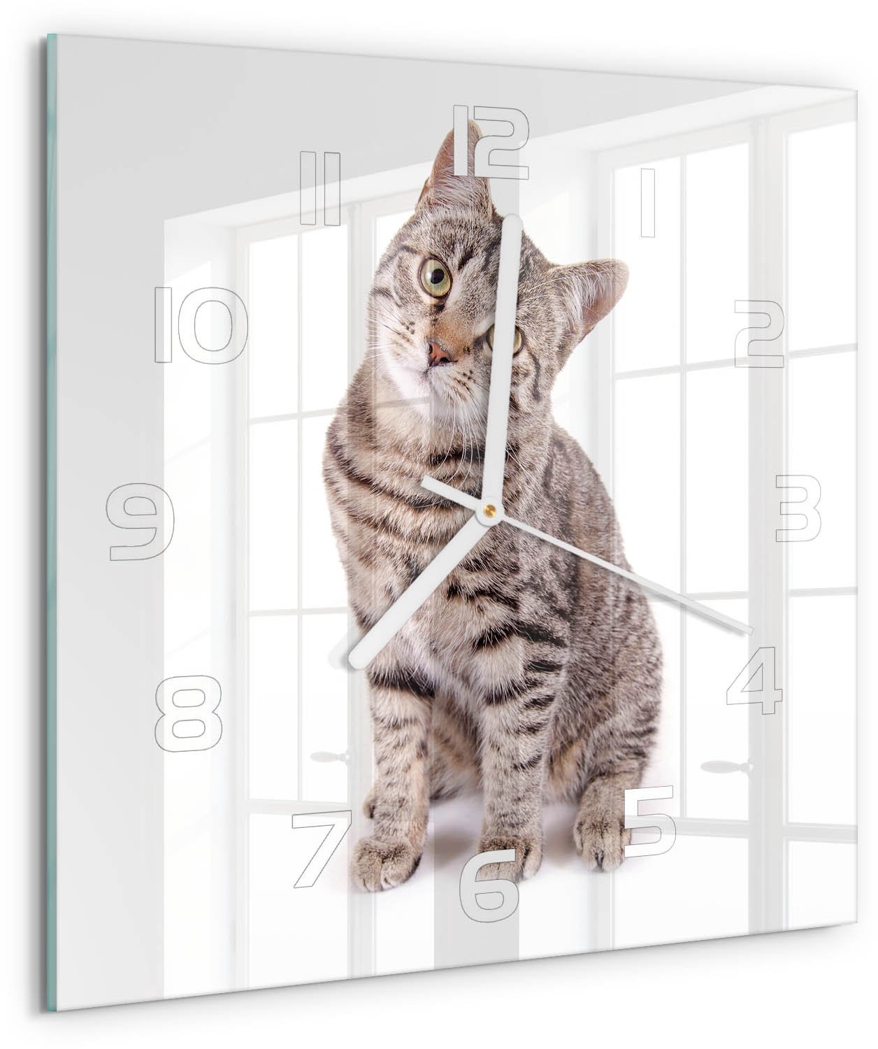 Tulup Wandklok - Kat Gekleurde Glazen Klok - 30x30 cm - Bruin Glazen Klok Met Print - Witte handen - Vierkante Klok - Moderne Wandklok Glas - Wandklok Glas Decoratie