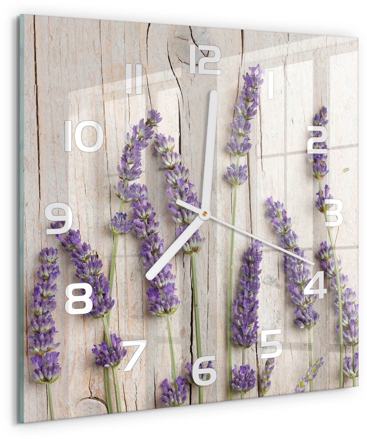 Tulup Wandklok - Lavendel op hout Gekleurde Glazen Klok - 30x30 cm - Paars Glazen Klok Met Print - Witte handen - Vierkante Klok - Moderne Wandklok Glas - Wandklok Glas Decoratie