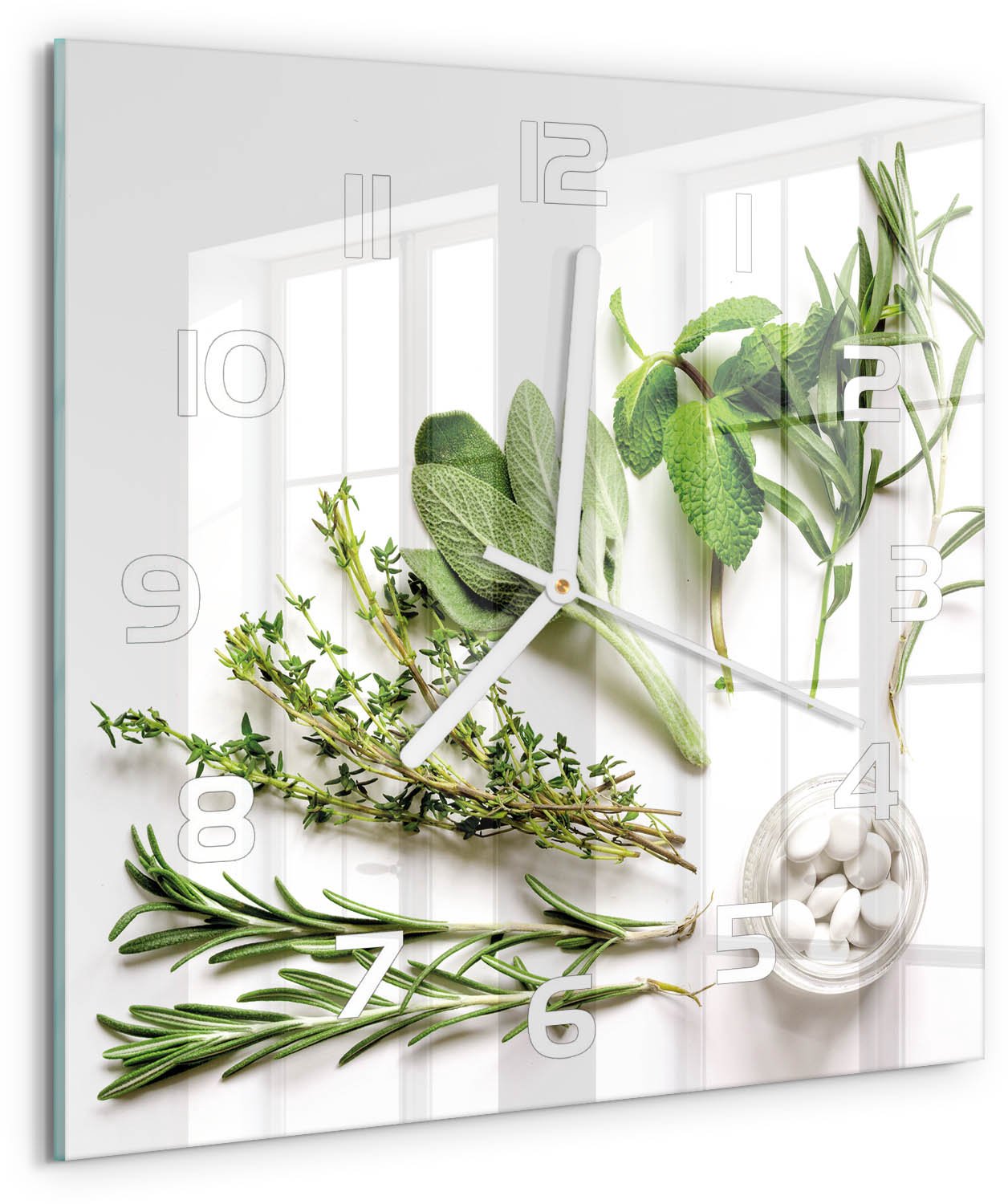 Tulup Wandklok - Kruiden Glazen Klok Met Print - 30x30 cm - Groente Wandklok Glas Met Motief - Witte handen - Vierkante Klok - Wandklok Glas Decoratie - Gekleurde Glazen Klok