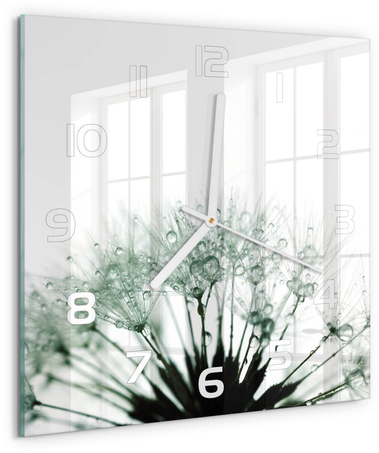 Tulup Wandklok - Paardenbloemzaden Moderne Wandklok Glas - 30x30 cm - Wit Wandklok Glas Decoratie - Witte handen - Vierkante Klok - Glazen Wandklok Design - Klok Glas Met Opdruk