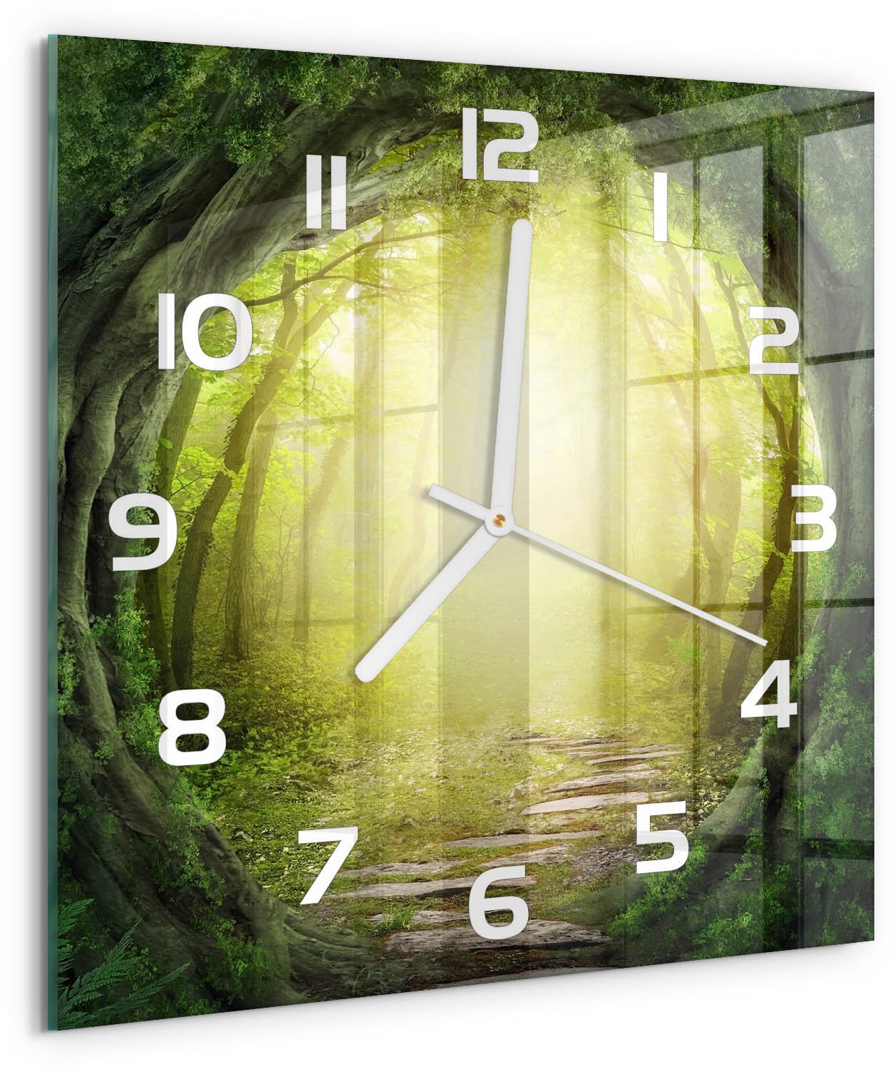 Tulup Wandklok - Boomtunnel Glazen Klok Met Print - 30x30 cm - Groente Wandklok Glas Met Motief - Witte handen - Vierkante Klok - Wandklok Glas Decoratie - Gekleurde Glazen Klok