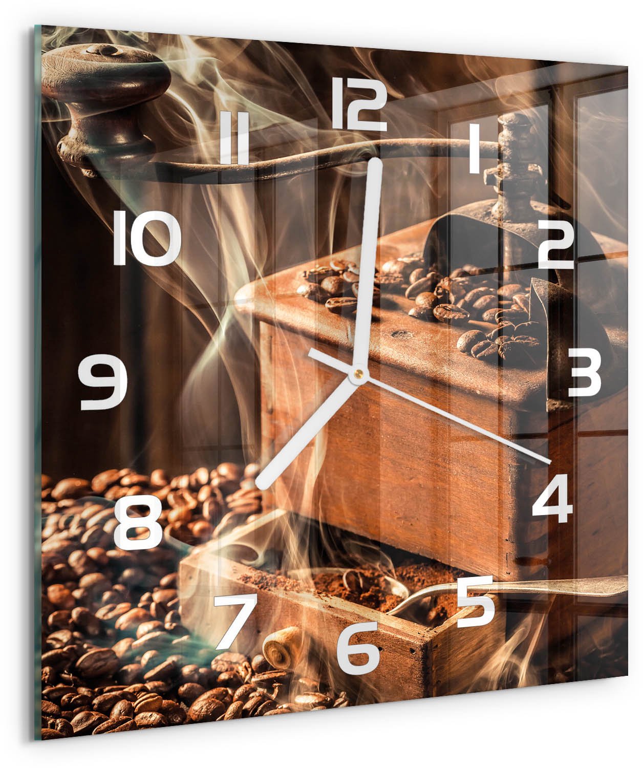 Tulup Wandklok - Koffiebonen Wandklok Glas Met Motief - 30x30 cm - Bruin Decoratieve Glazen Klok - Witte handen - Vierkante Klok - Gekleurde Glazen Klok - Glazen Klok Met Print