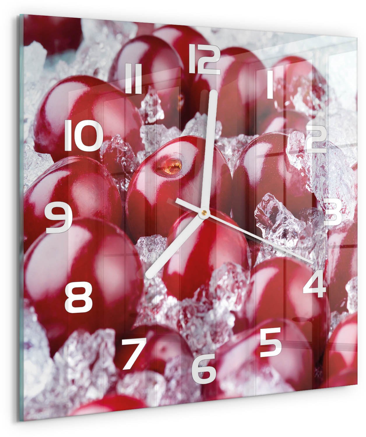 Tulup Wandklok - Bevroren kers Gekleurde Glazen Klok - 30x30 cm - Rood Glazen Klok Met Print - Witte handen - Vierkante Klok - Moderne Wandklok Glas - Wandklok Glas Decoratie