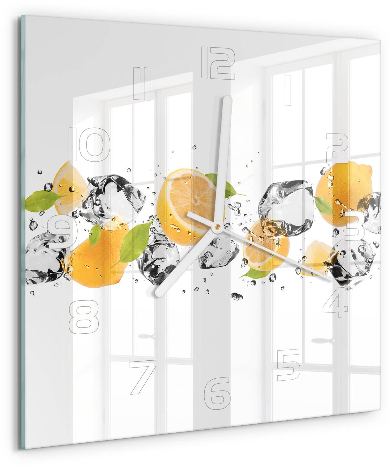 Tulup Wandklok - Citroen en water Glazen Klok Met Print - 30x30 cm - Geel Wandklok Glas Met Motief - Witte handen - Vierkante Klok - Wandklok Glas Decoratie - Gekleurde Glazen Klok