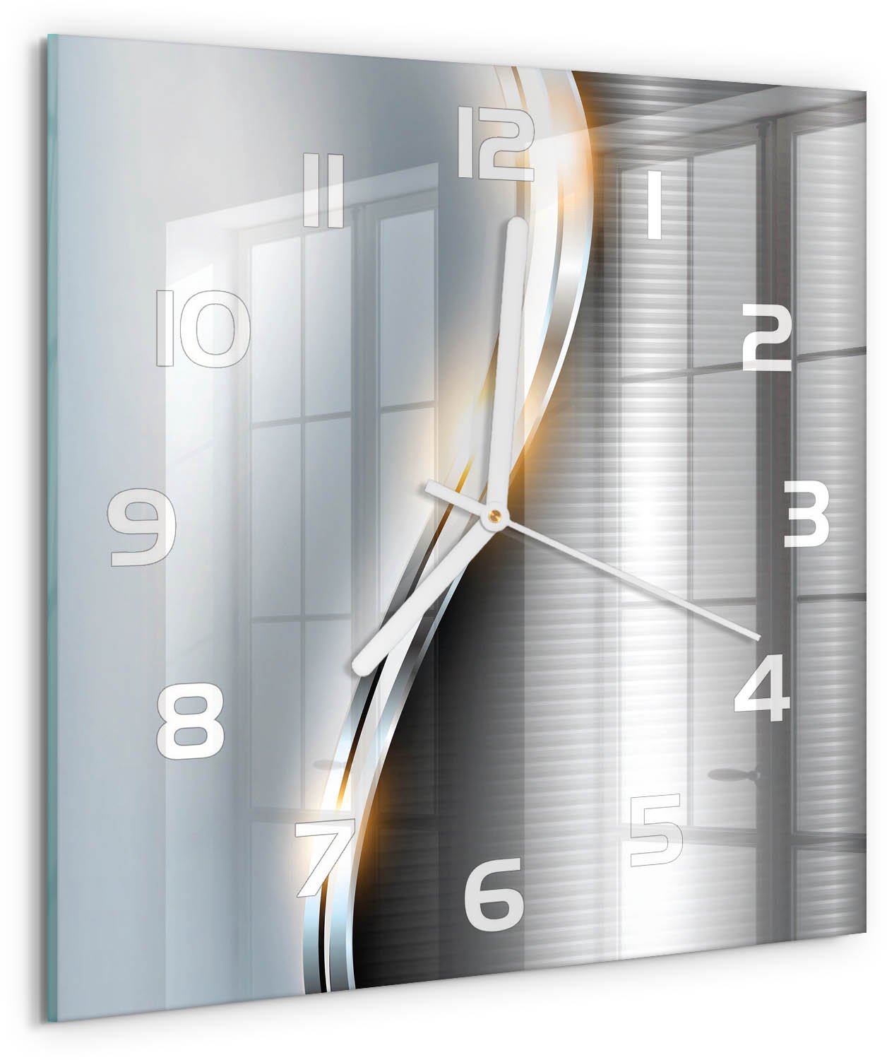 TULUP Wandklok - Metaalabstractie Glazen Wandklok Design - 30x30 cm - Zilver Klok Glas Met Opdruk - Witte handen - Vierkante Klok - Wandklok Glas Met Motief - Decoratieve Glazen Klok
