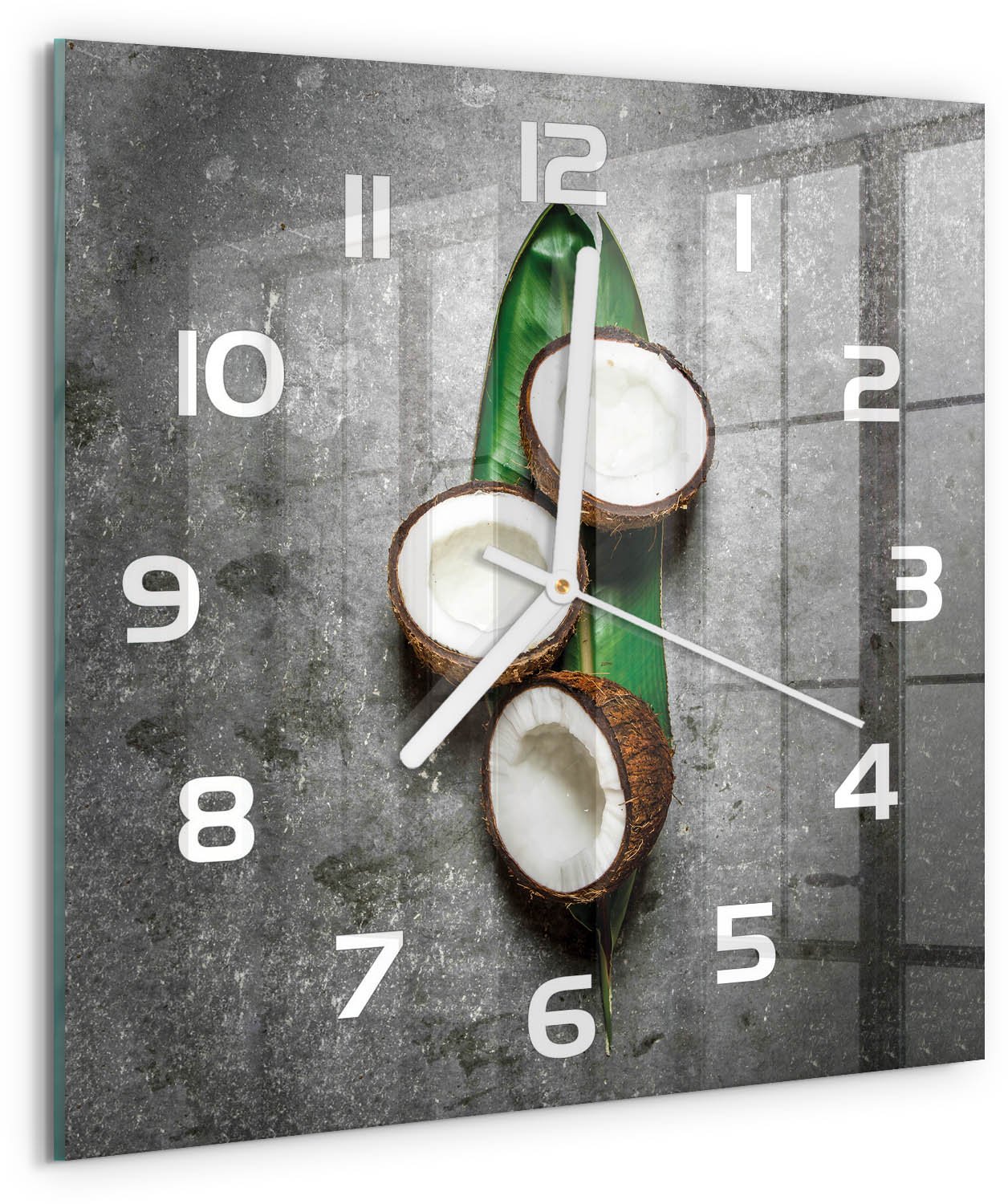 Tulup Wandklok - Een halve kokosnoot Wandklok Glas Met Motief - 30x30 cm - Groente Decoratieve Glazen Klok - Witte handen - Vierkante Klok - Gekleurde Glazen Klok - Glazen Klok Met Print