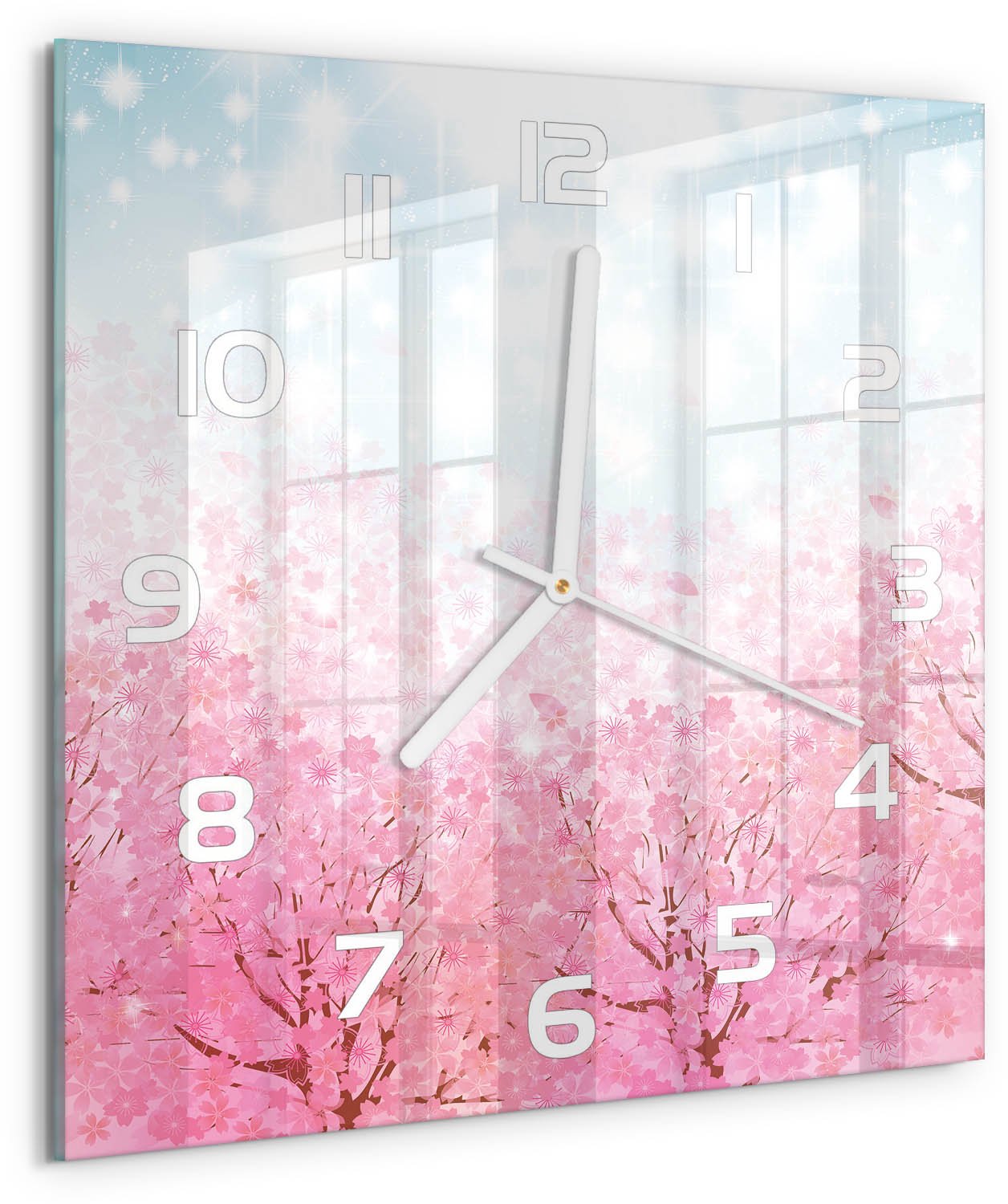 Tulup Wandklok - Kersenbloesem Glazen Wandklok Design - 30x30 cm - Roze Klok Glas Met Opdruk - Witte handen - Vierkante Klok - Wandklok Glas Met Motief - Decoratieve Glazen Klok