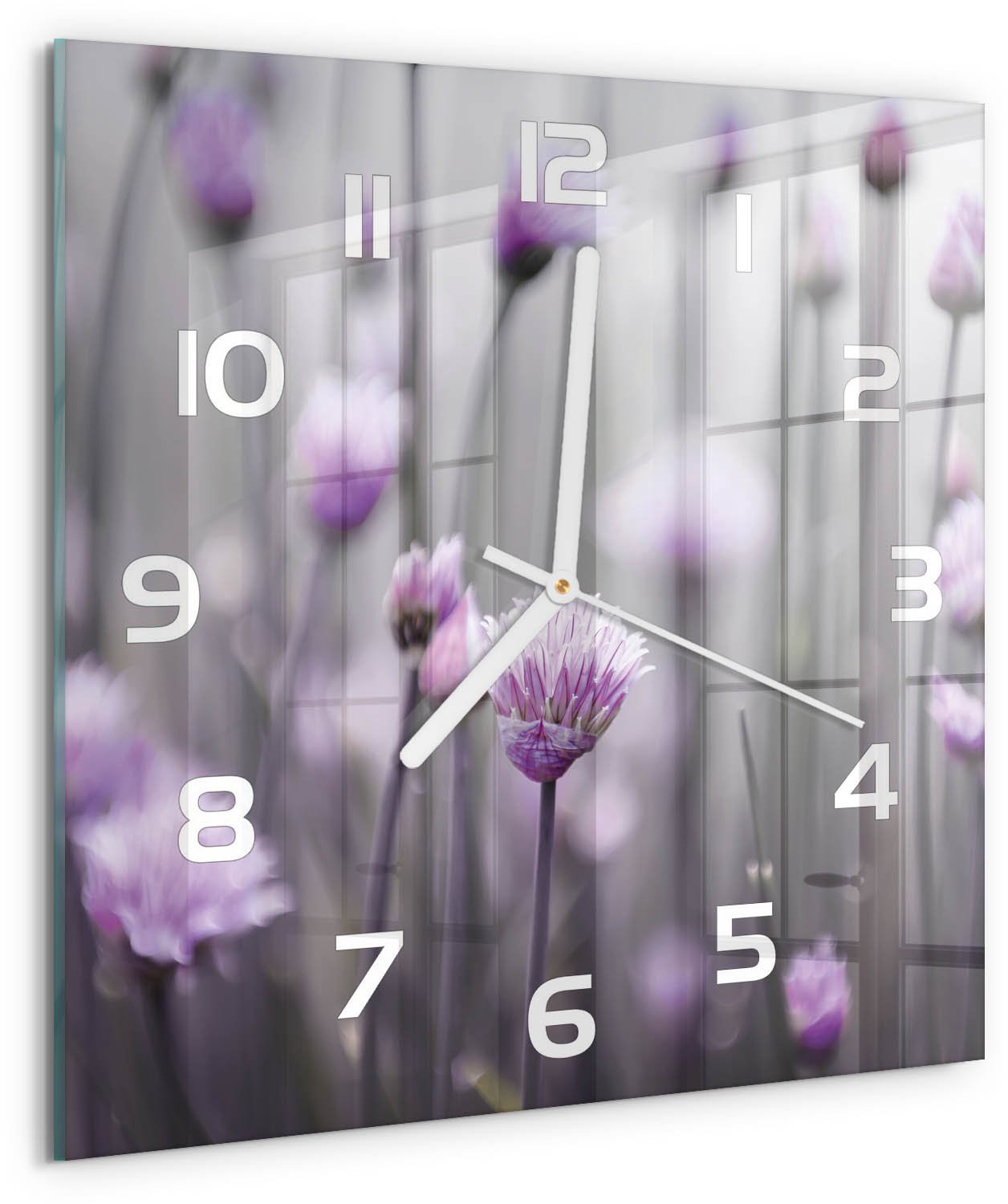 Tulup Wandklok - Bieslookbloemen Wandklok Glas Decoratie - 30x30 cm - Paars Gekleurde Glazen Klok - Witte handen - Vierkante Klok - Klok Glas Met Opdruk - Moderne Wandklok Glas